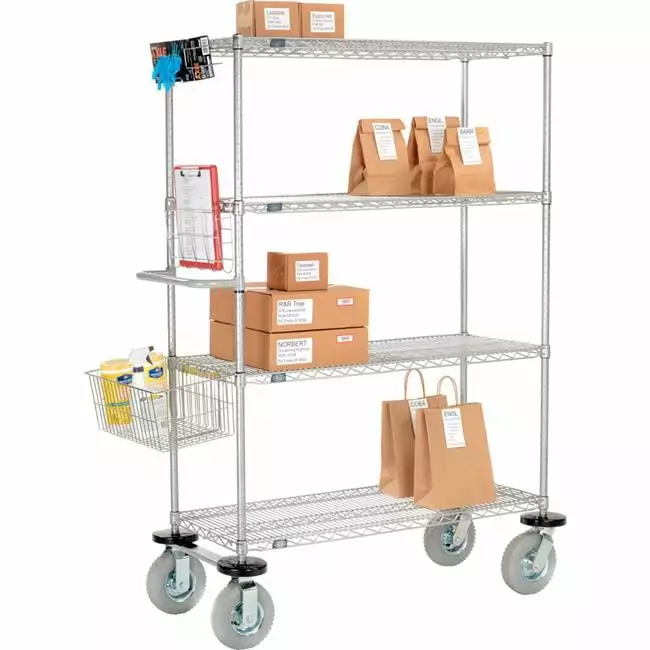 Global Industrial CS18304EPP Nexelate Curbside Wire Truck with 4 Shelves & Pneumatic Casters - 30 x 18 x 72 in.