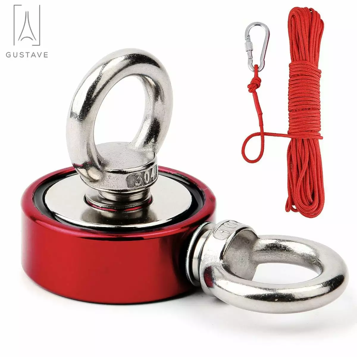 Gustave 500LBS Pulling Force Round Double Sided Fishing Magnet Super Strong Neodymium Thick Eyebolt with 10M Rope for River Magnetic Recovery Salvage Fishing