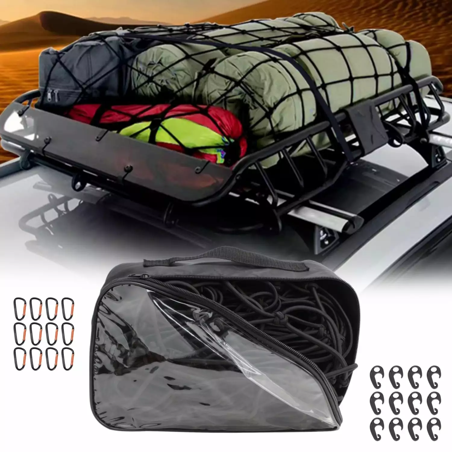 Heavy Duty Cargo Netting for Pickup Truck Bed. Roof Rack Net with Hooks Carabiners & Storage Bag