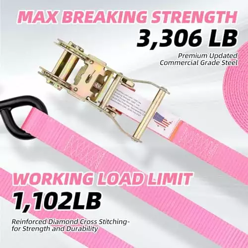 Heavy Duty Ratchet Strap ?C (4PK) Premium Tie Down Straps for Moving & Securing Cargo ?C Coated Deep S-Hook & Extra Safety with Lockable Release - Made in USA (Pink. 8 FT)