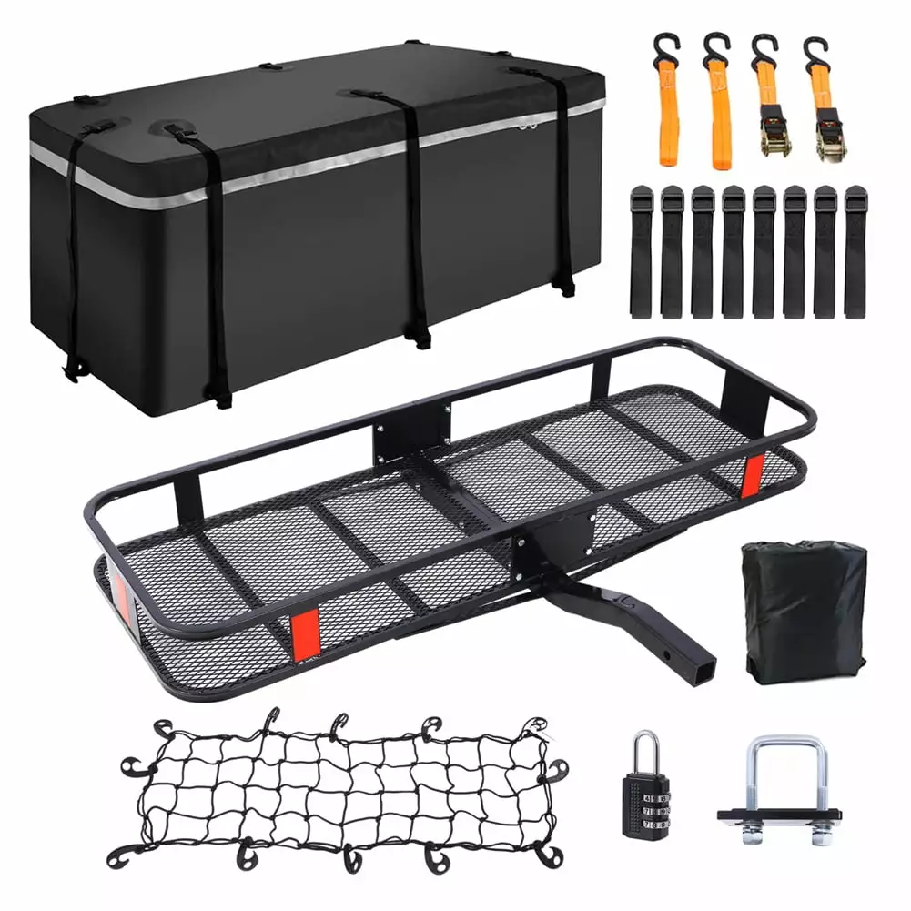 Heavy Duty Trailer Hitch Cargo Carrier. Foldable Soft Shell Waterproof Luggage Cargo Bag. 500 Lbs Capacity 16 CuFt 2 Cargo Rack Luggage Cargo Bag. with Cargo Net & Accs