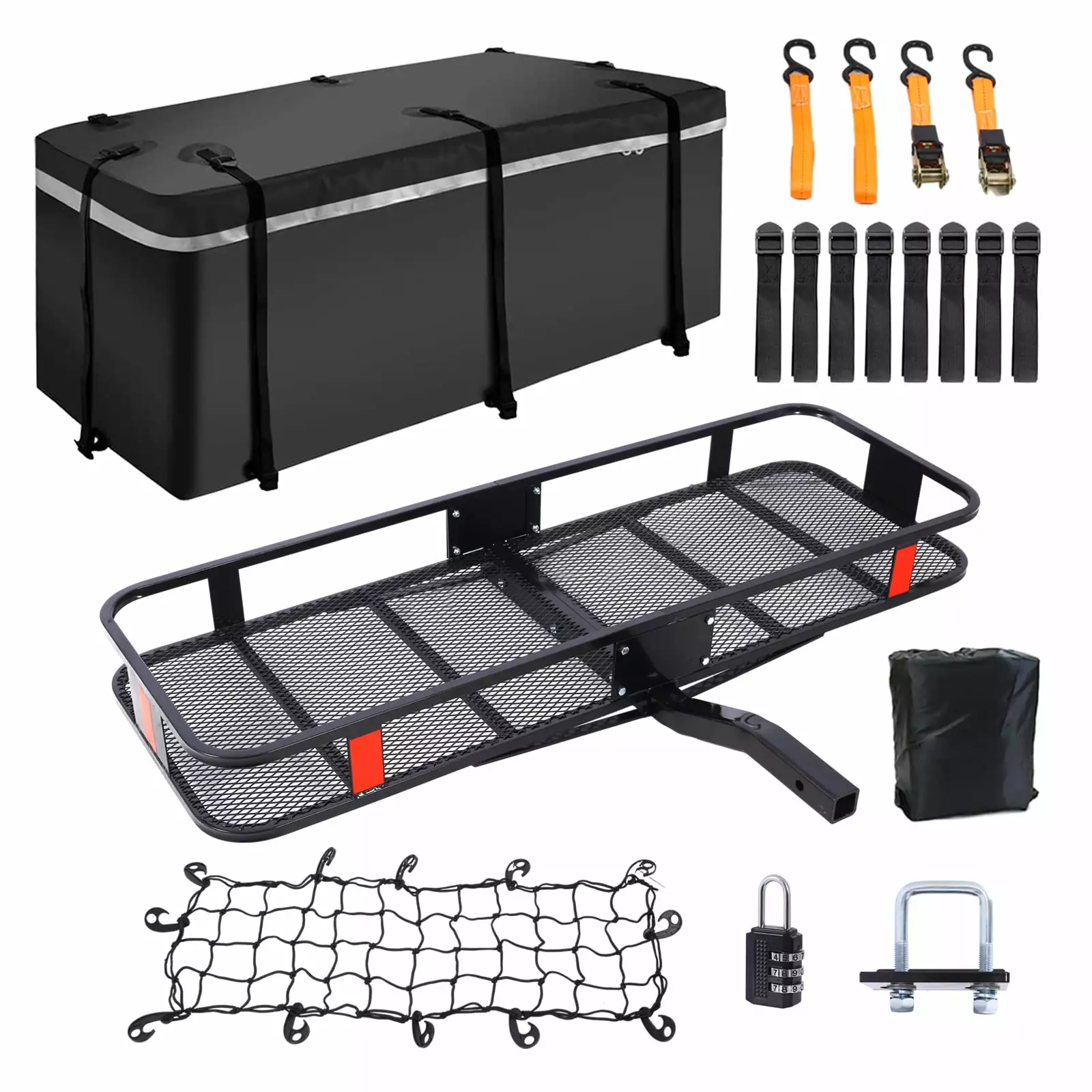 Heavy-Duty Trailer Hitch Cargo Carrier Folding Cargo Rack Rear Luggage Basket 500 Lbs Capacity 16 CuFt 2 Receiver Hitch Cargo Rack Luggage Cargo Bag. Hitch Stabilizer. Cargo Net and Ratchet Straps