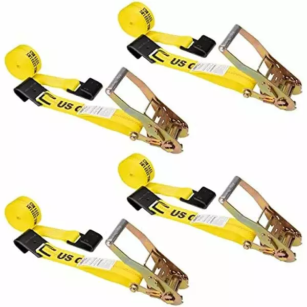 Hongwa. Flat Hook Ratchet Strap. Ratchet Tie Down. 2 Inch Wide X 27 Foot Long. Yellow Ratchet Strap. Black Flat Hook. Weather Resistant Strap. 3.333 Pound Working Load Limit. 4 Pack