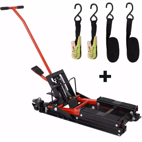 Hydraulic Motorcycle Lift Jack. 1500 LBS Capacity ATV Scissor Lift Jack. Portable Motorcycle Lift Table with 4 Wheels. Hydraulic Foot-Operated Hoist Stand for Motorcycle ATV UTV with tie down