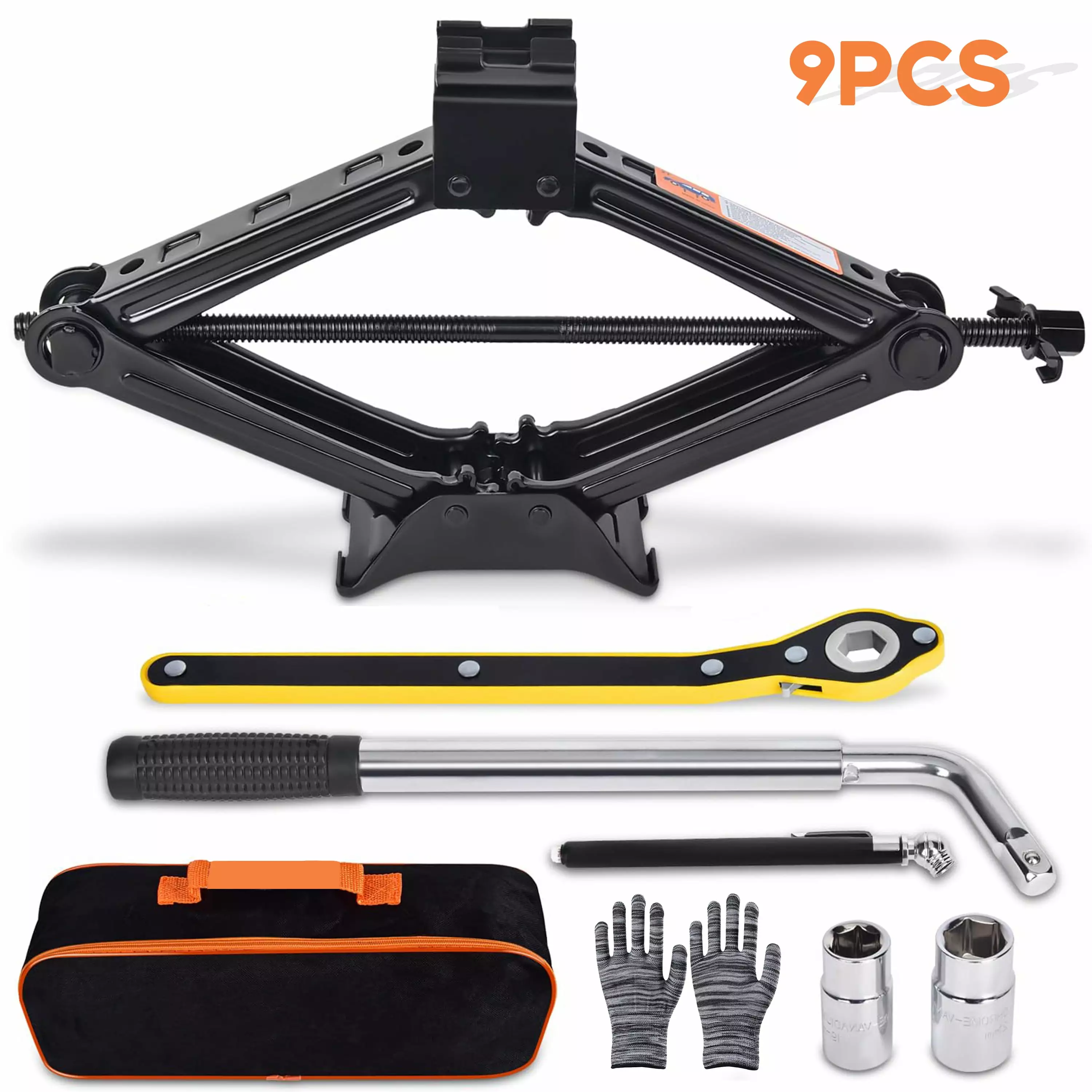 Hyindoor 2 Ton (4409 lbs) Car Jack Lift Kit Scissor Jack 9PCS Car Emergency Kit Tire Jack Tool Kit for Car SUV Truck MPV