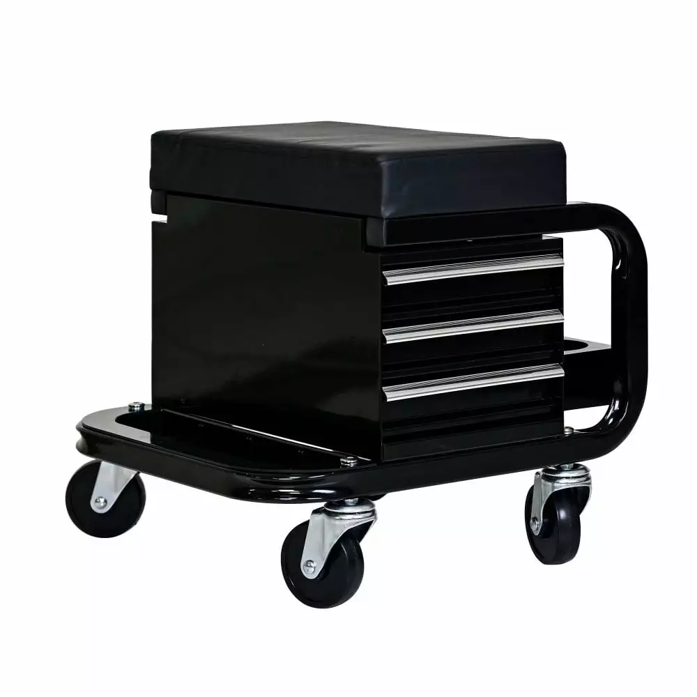 M-AUTO Rolling Garage Stool. Adjustable Height Mechanic Seat with Tool Tray & 360 Degree Swivel Casters for Workshop Auto Repair Shop. 300 lbs Capacity. Black