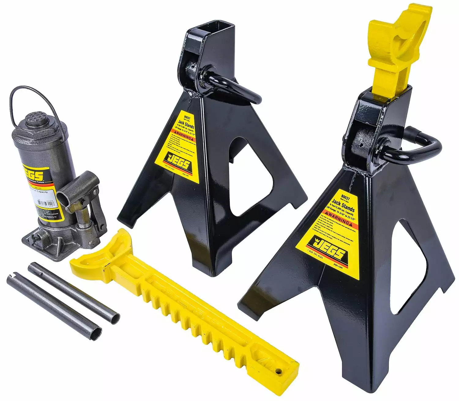 JEGS 79007K Jack Kit Includes: (1) 6-Ton Bottle Jack (2) 6-Ton Jack Stands