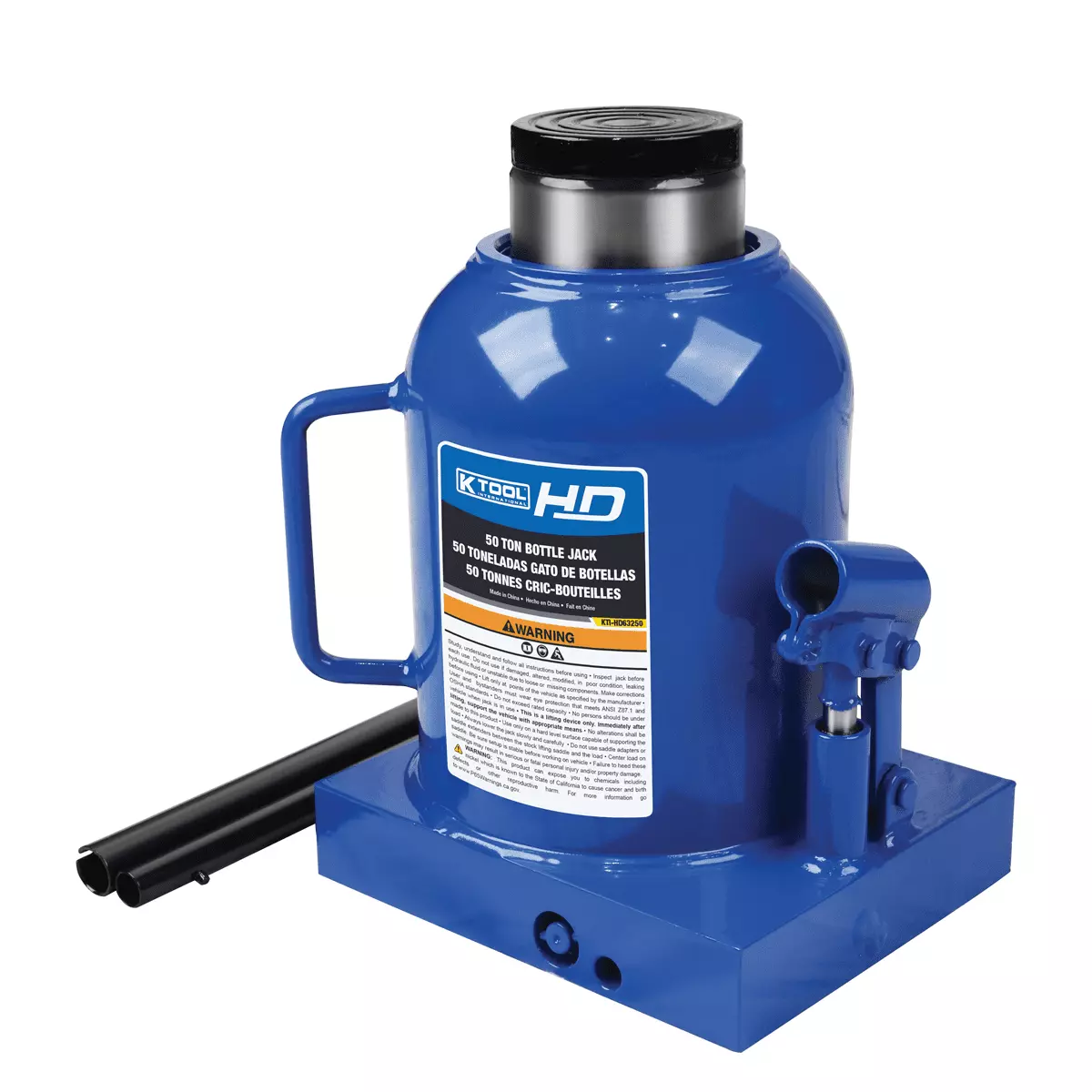 K Tool International HD63250 50 Ton Hydraulic Bottle Jack for Garages. Repair Shops. and DIY. 100.000 lbs. Capacity. Lift Range 11.8-18.8. Heavy Duty Steel. Load-limiting/Bypass Valves. Blue