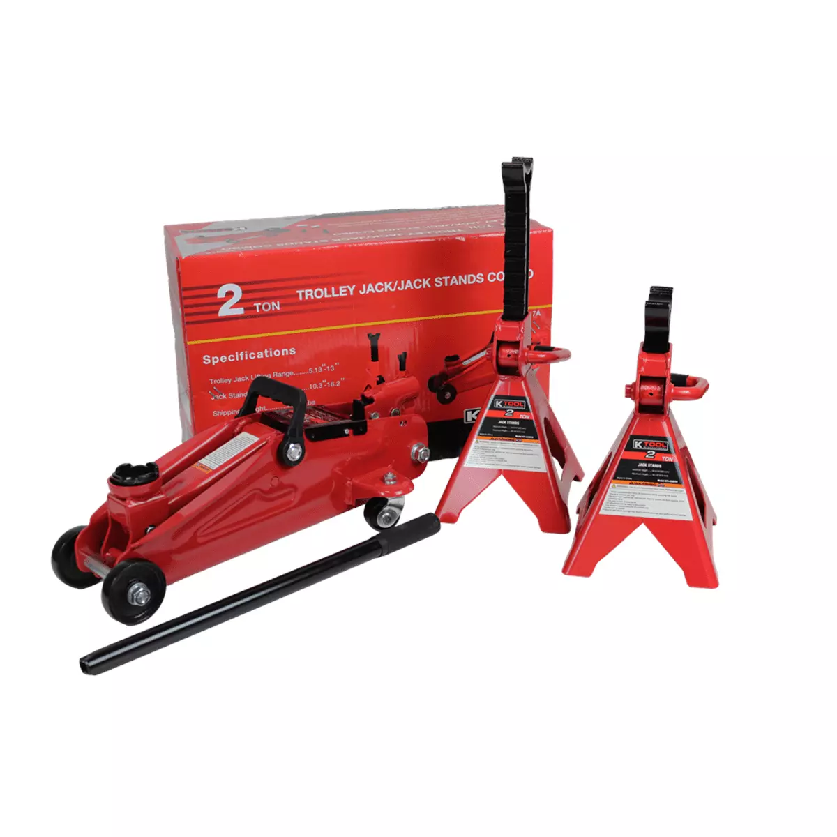 K Tool International 63097A 2 Ton Automotive Trolley Floor Jack with Jack Stands for Garages. Repair Shops. and DIY. 4.000 lbs. Capacity. Hydraulic Lifting Range 5-1/8 to 13. Heavy Duty Steel. Red