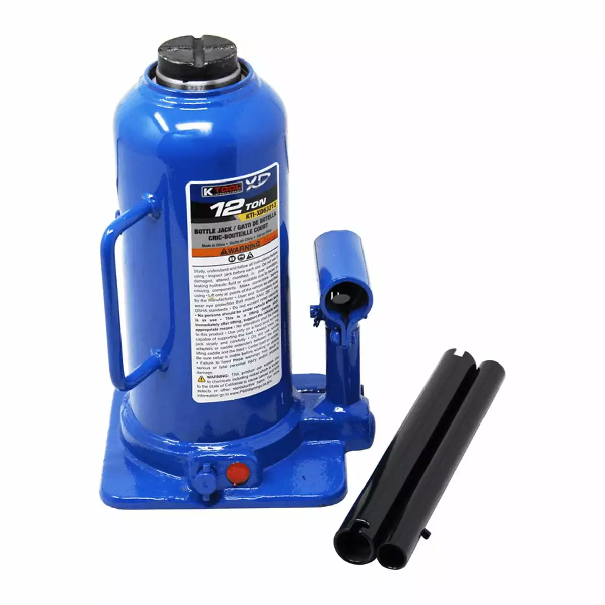 K Tool International XD63213 12 Ton Hydraulic Bottle Jack for Garages. Repair Shops. and DIY. 24.000 lbs. Capacity. Lift Range 8.46-15.75. Heavy Duty Steel. Load-limiting/Bypass Valves. Blue