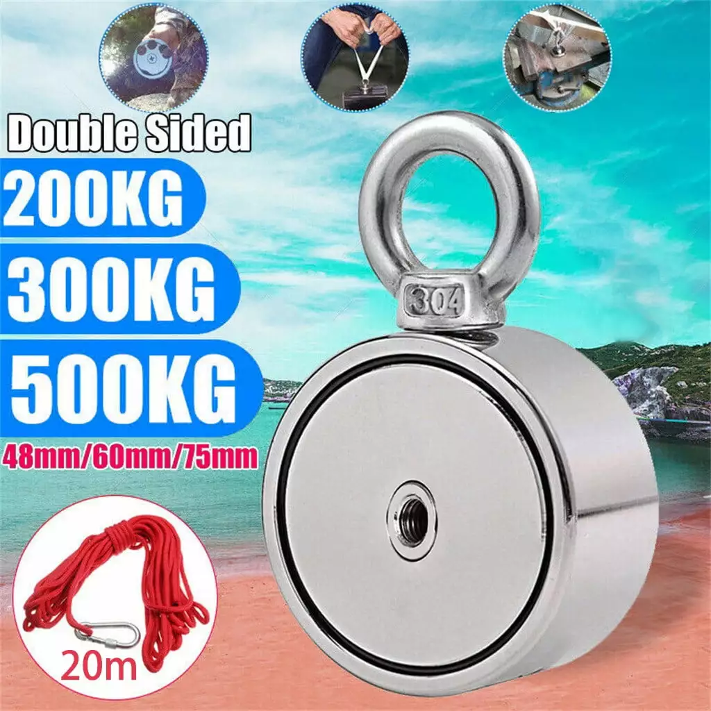 KEYBANG Clearance .200/300/500KG Double Side Neodymium Metal Magnet Detector Fishing Kit+20M Rope.Sliver