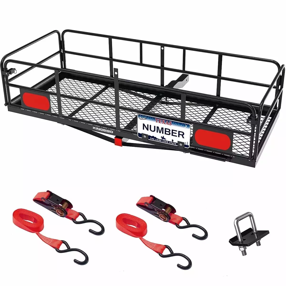 KING BIRD 60 x 24 x 14 Folding Hitch Mount Cargo Carrier. 550 lbs Vehicle Cargo Basket with License Plate Device Fits 2Receiver with Hitch Stabilizer and Ratchet Straps