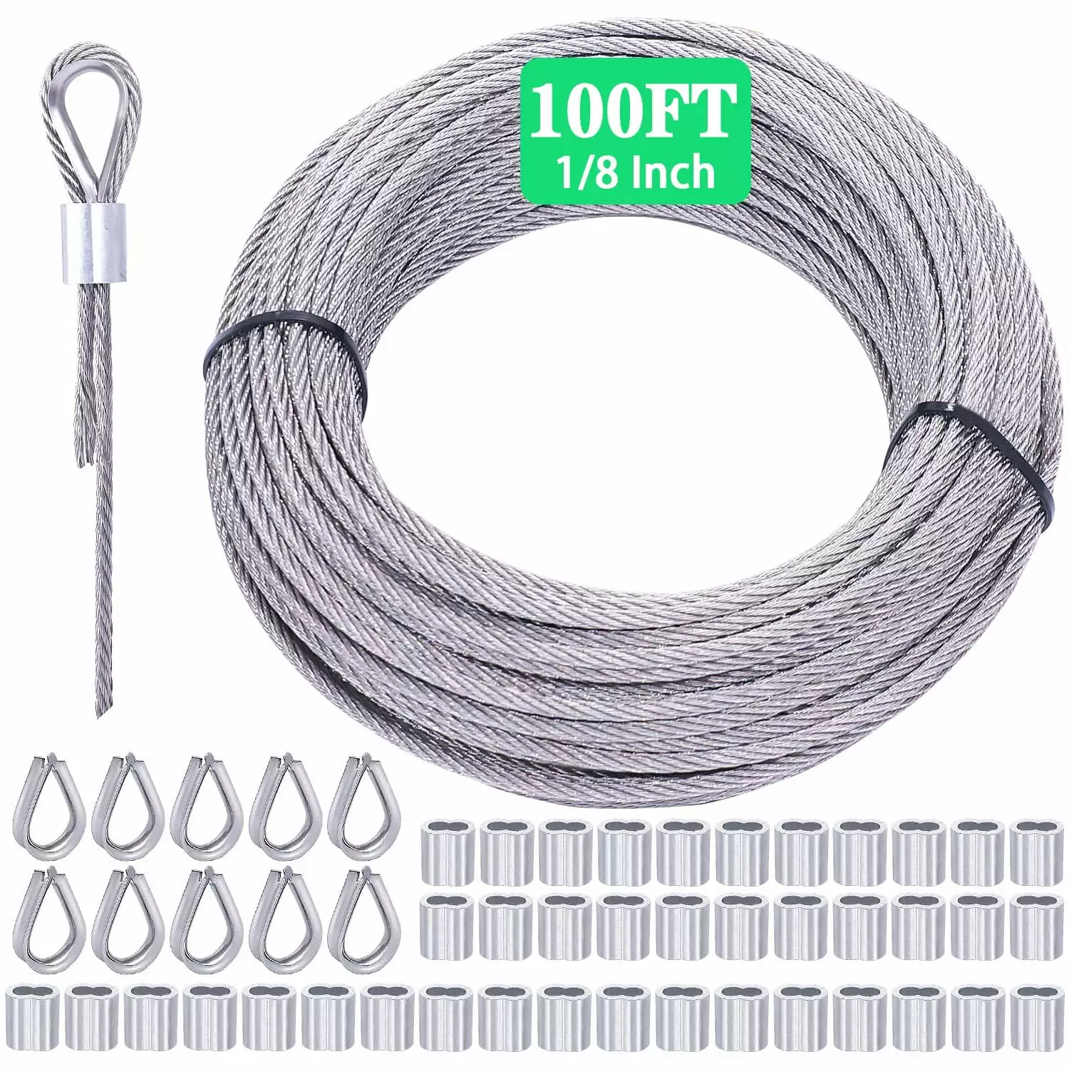 KNLN/100FT 1/8 Stainless Steel Cable 7x7 Steel Rope Construction with 40PCS Rope Crimping Loop Sleeves and 10PCS Rope Thimbles for Cable Railing. Decking. Picture Hanging N-045 C31