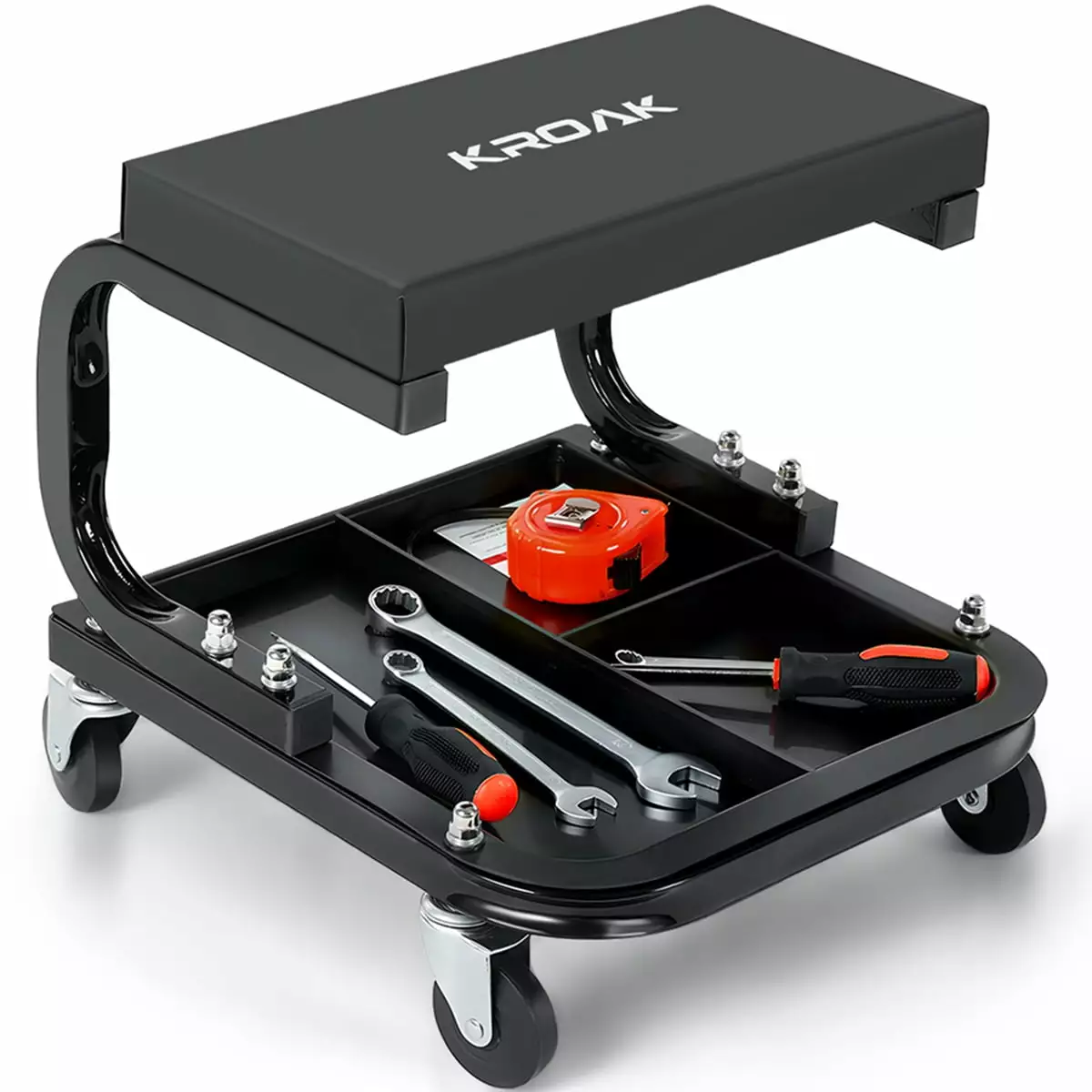 KROAK 14.2 Rolling Creeper Garage/Shop Seat with 3 Segmented Tool Tray. 260 Lbs Capacity. 360?? 2.5 Casters. Comfortable Car Repair Mechanic Stool. Black