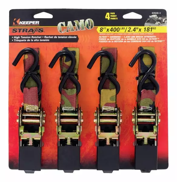 Keeper 1 in. W x 8 ft. L Camo Tie Down w/Ratchet 400 lb. 4 pk