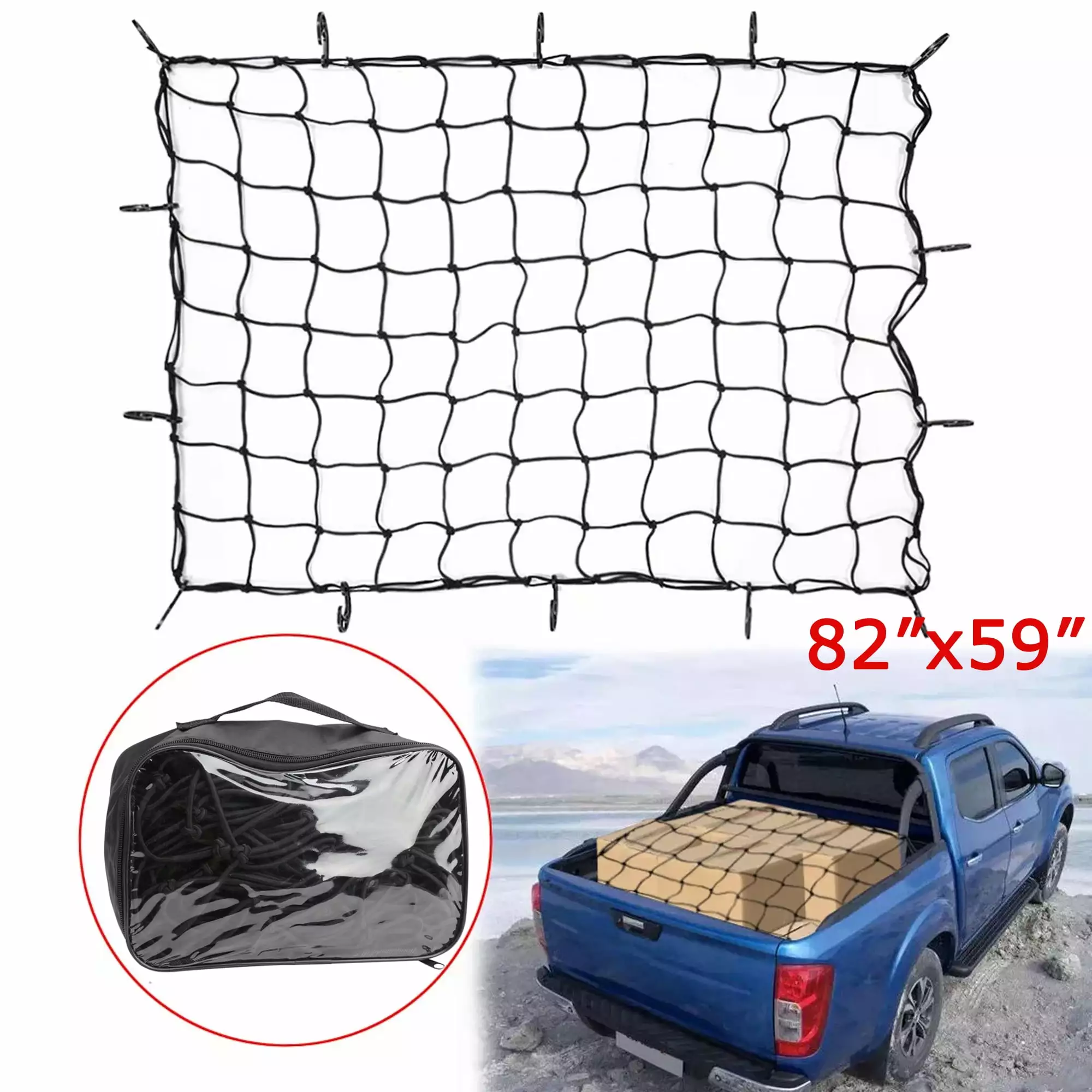 Large Cargo Nets for Pickup Trucks 82x59in Heavy Duty Bungee Netting 16 Carabiners