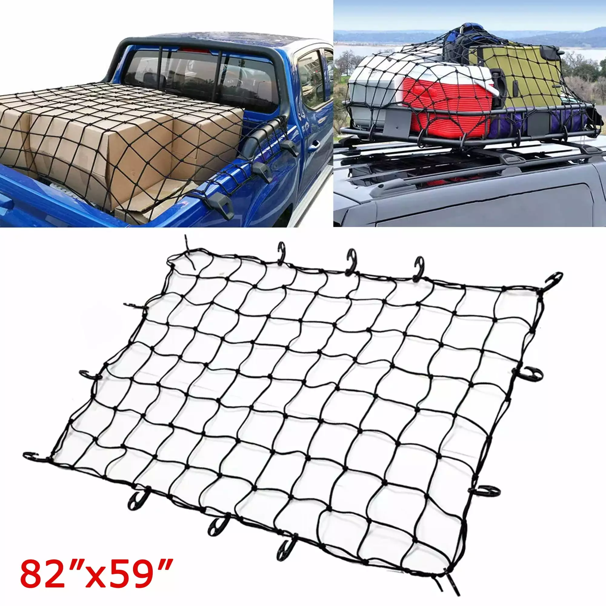 Latex Roof Rack Cargo Net Bungee Mesh 12 Hooks SUV Pickup Truck Bed 82x59in