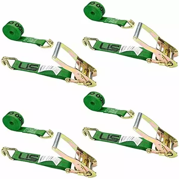 LotusLuxe Ratchet Straps. 2 Inch x 18 Foot Ratchet Straps with Double J Hooks. 18 Foot Tiedowns. Green Ratchet Straps. Double J Hook Ratchet Straps. Secure Cargo with Ease. 4 Pack