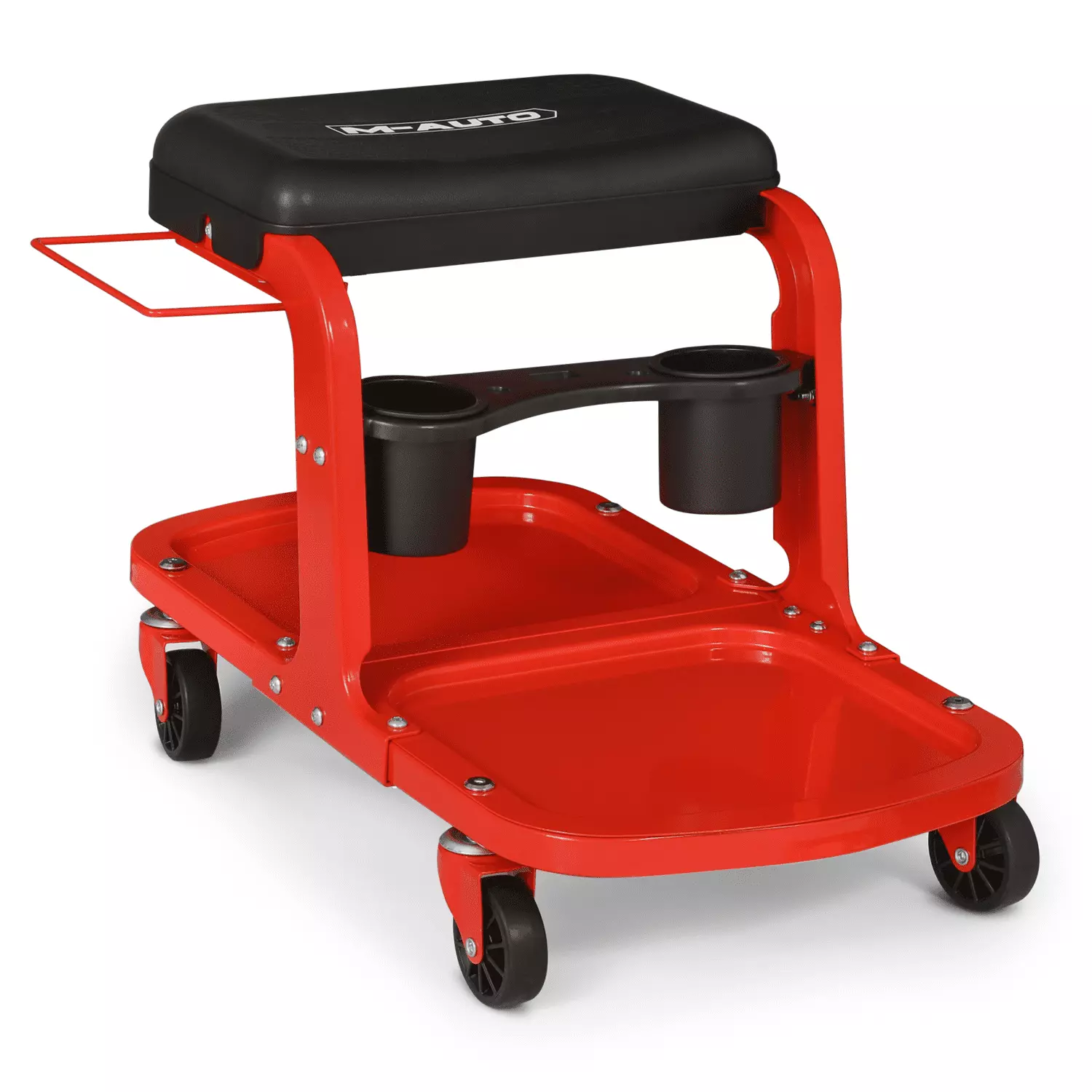 M-AUTO Rectangular Rolling Creeper Garage Seat Padded Mechanic Stool with Extended Tool Tray Storage. 350 lbs Capacity - Red