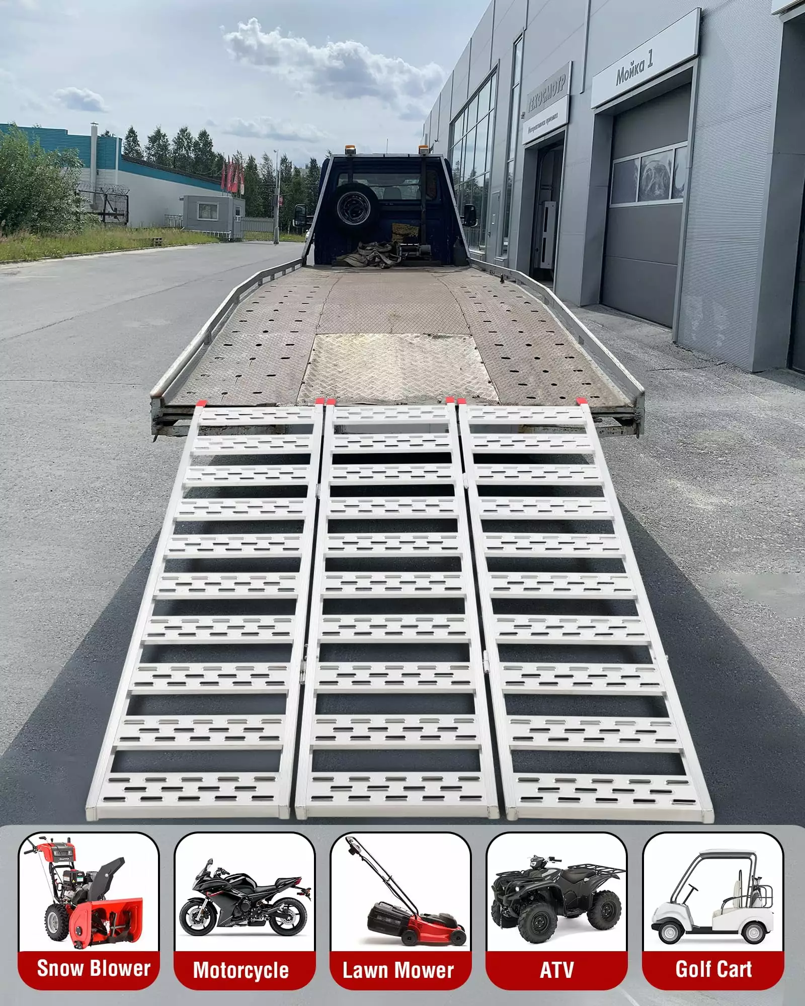 M optimized Tri-Fold Aluminum Loading Ramp 1500 lbs 76x50 Non-slip Truck Ramps for Mini Bike Dirt Bike Tractors ATVs UTVs Motorcycles. Silver