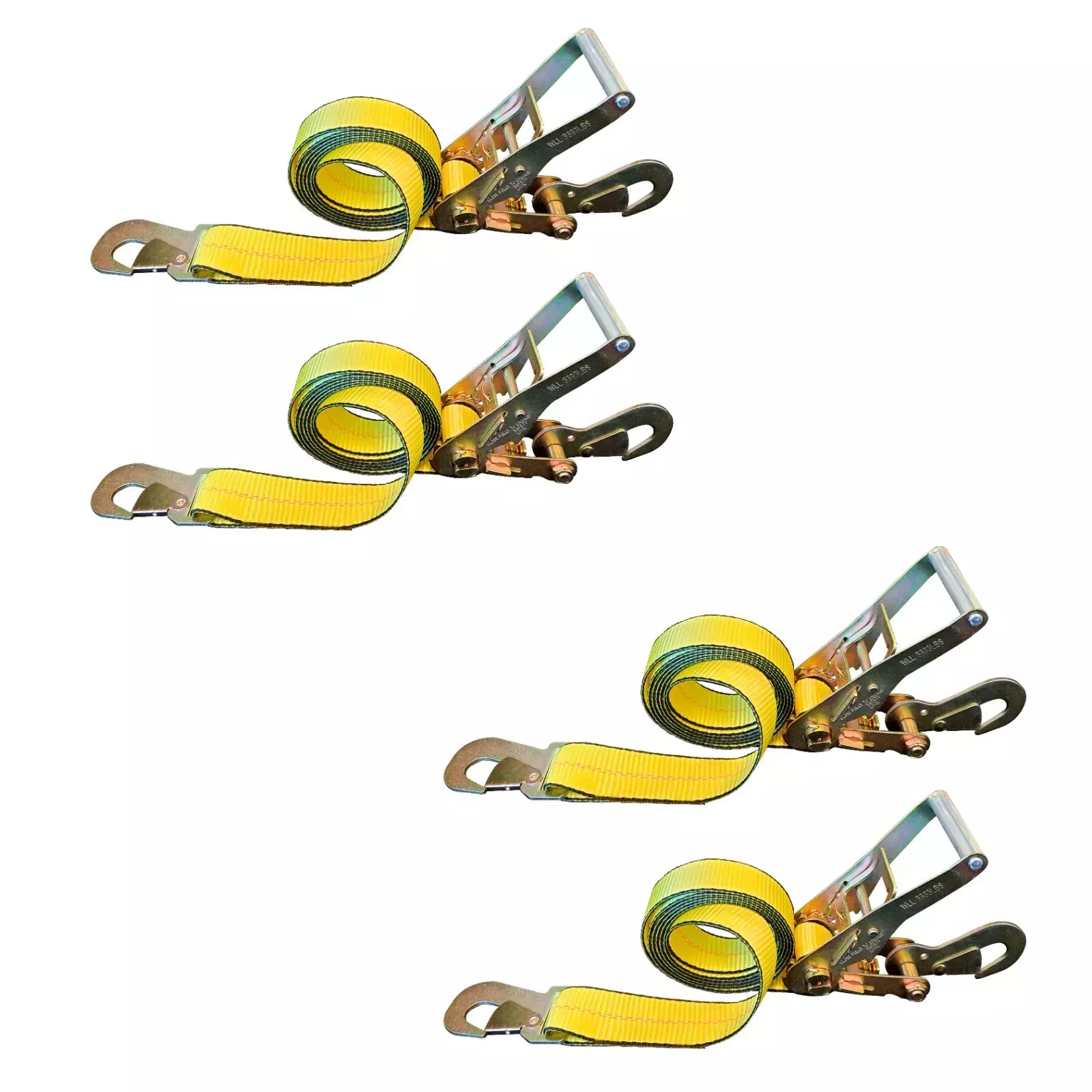 Mega Cargo Control USA 2 x 8' Off-Road Ratchet Strap W/ Snap Hook - (4-Pack) - WLL: 1000 lbs - Yellow