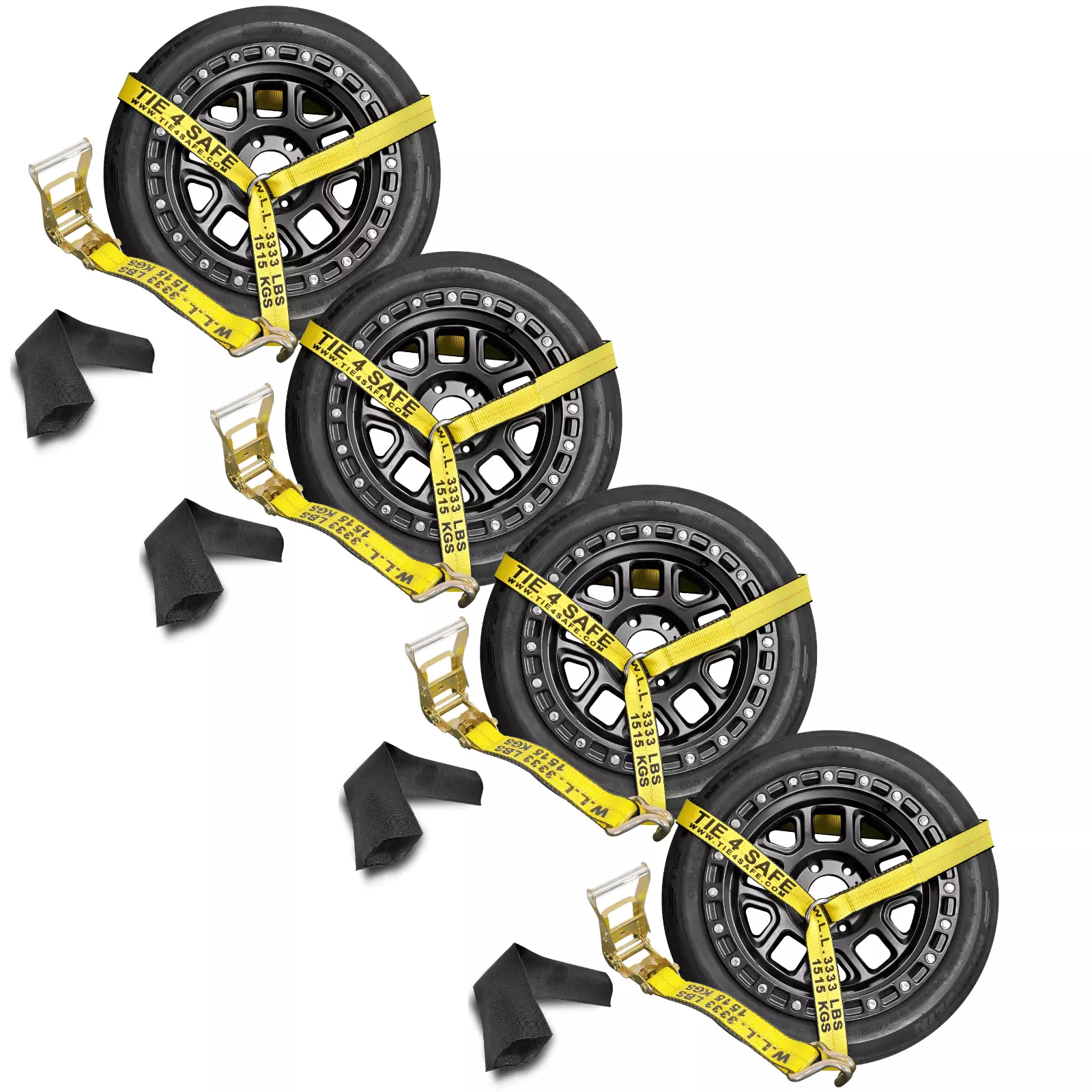 Mega Cargo Control USA 4 Pack 2 x 10' Side Mount Wheel Net Tie Down w/ Ratchet Lasso Strap J Hook WLL: 3333 lbs Yellow