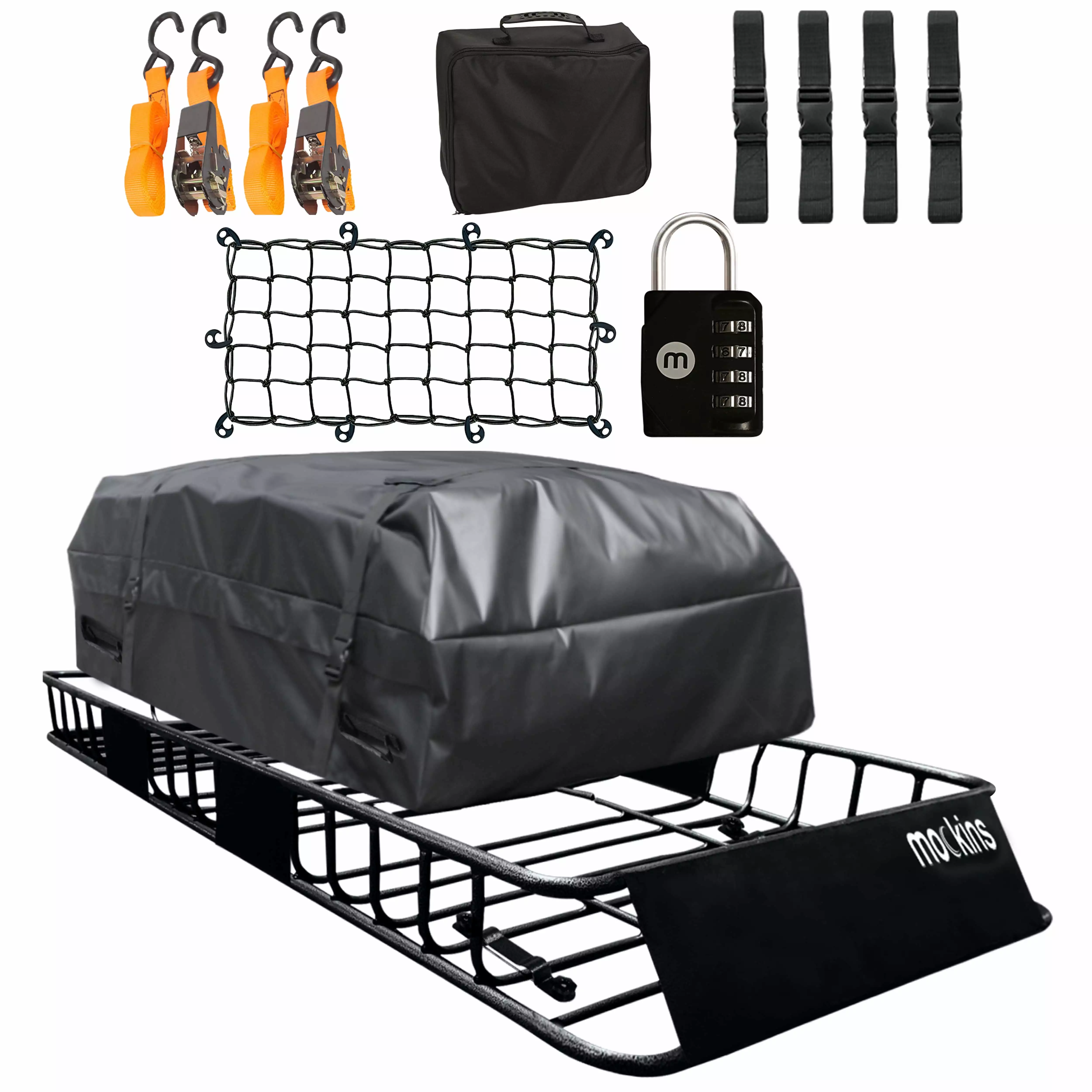 Mockins 250 lb. Capacity Roof Rack Basket with 16 CF Waterproof Roof Bag | Roof Rack Cargo Basket Adjusts from 43-64L x 39W x 6H | Universal Roof Cargo Basket