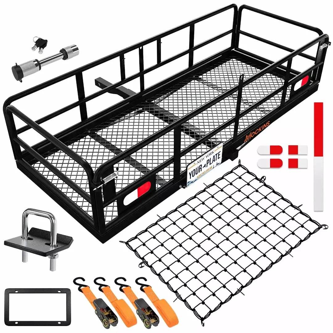 Mockins 500 lbs. Capacity 60x24x14 High Rail Cargo Carrier Hitch Rack with 50x36 Cargo Net. License Plate Holder. Hitch Lock and Stabilizer