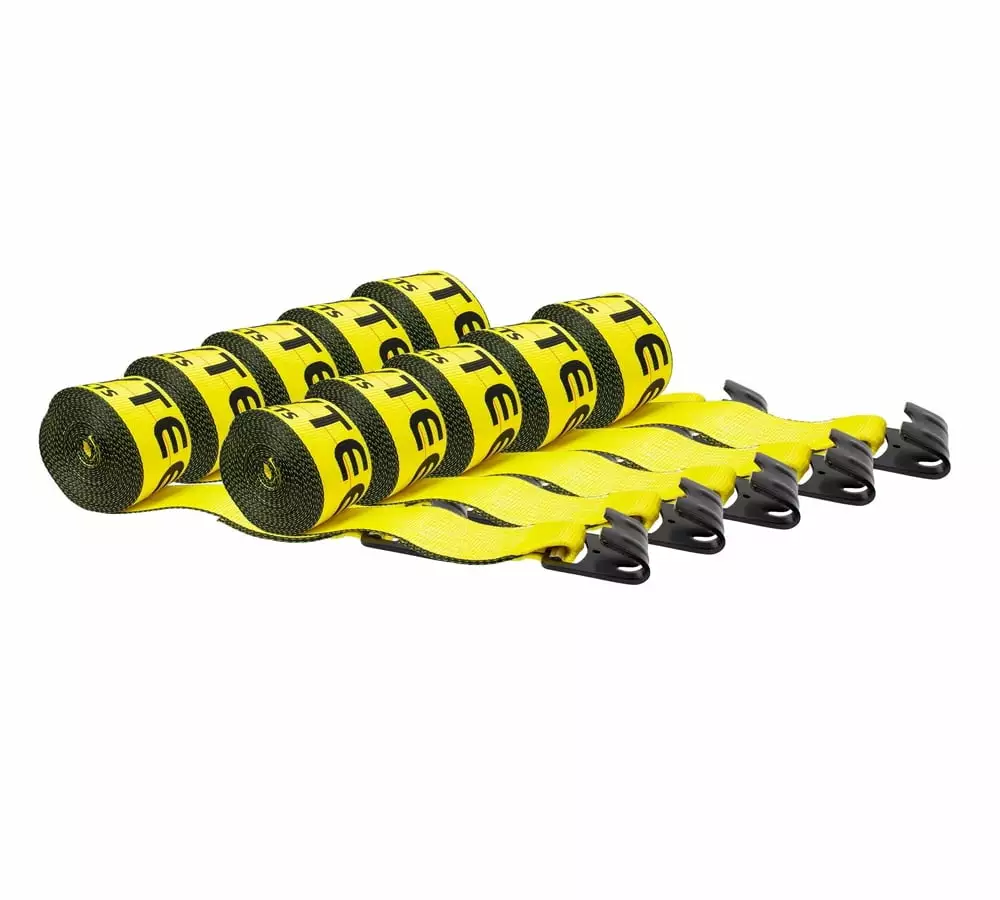 VULCAN Complete Axle Strap Tie Down Kit. Snap Hook Ratchet Straps. Yellow. (4) 22 inch Axle Straps. (4) 36 inch Axle Straps. and (4) 8' Snap Hook Ratchet Straps