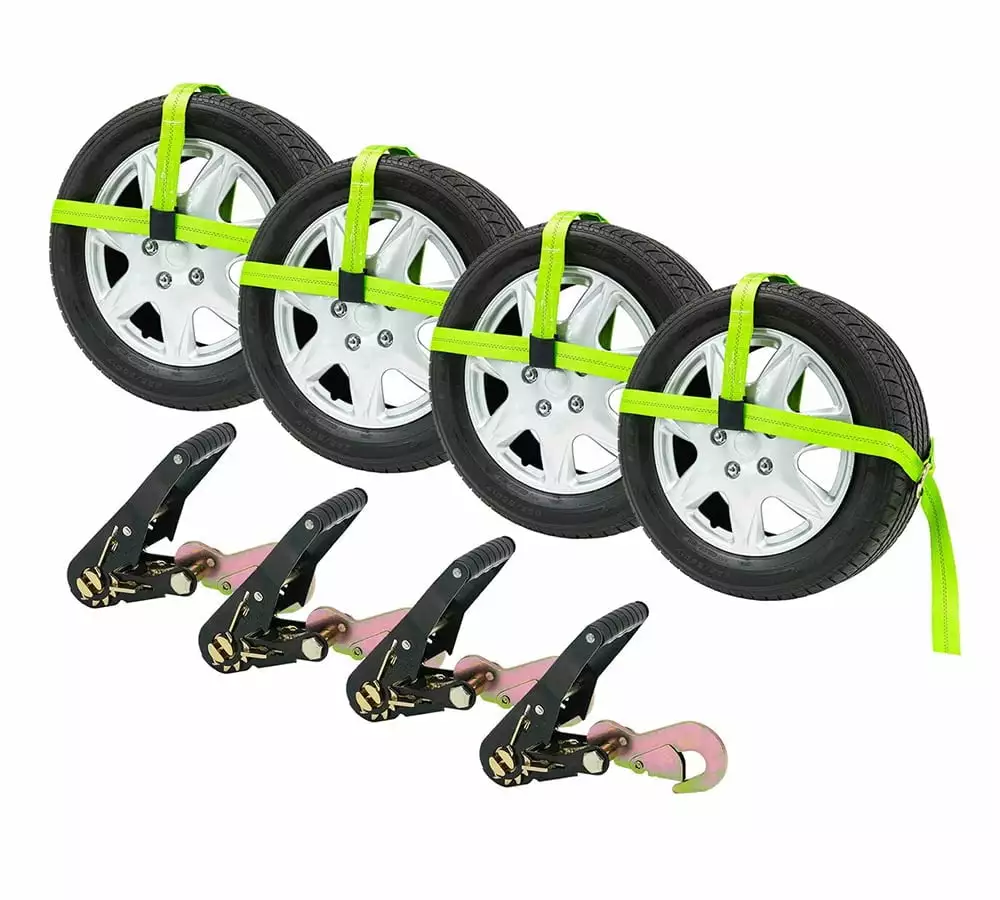 Mytee Products (4 Pack) 2x144 Car Tie Down Straps w/ Ratchet Snap Hooks & 33 Over The Wheel Tire Straps - 3.333 LBS WLL Heavy Duty Tire Straps for Car Trailer - High Visibility Green Webbing