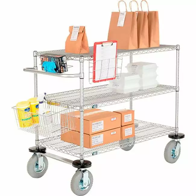 Nexel Chrome Curbside Cart w/3 Shelves & Pneumatic Casters. 54L x 24W x 43H