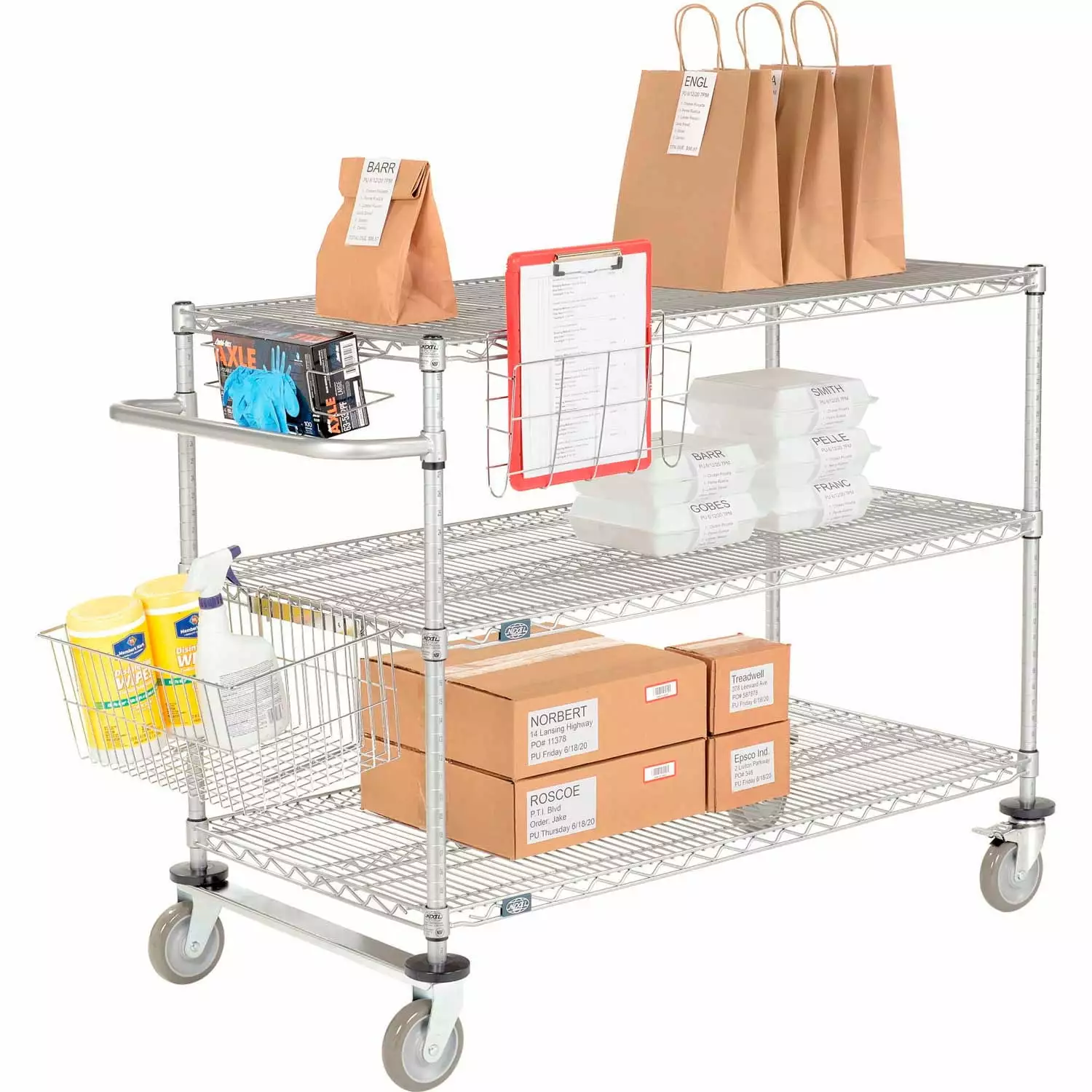 Nexel Chrome Curbside Cart w/3 Shelves & Polyurethane Casters. 24L x 18W x 40H