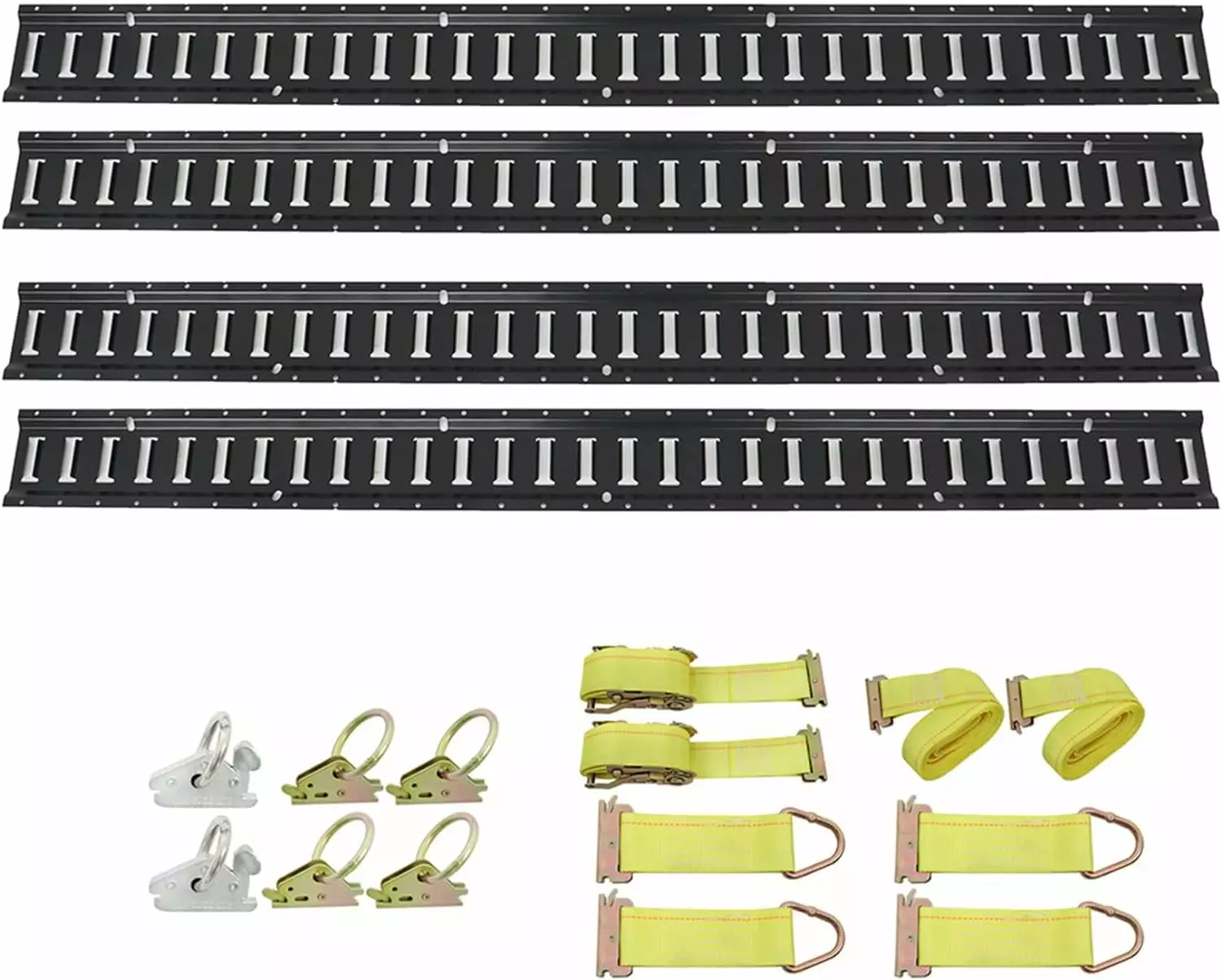 OTTULUR 4 PCS E Track Rail Tie Down Kit 5 Foot with Accessories 4 Ratchet Trailer Tie Down Straps 4 Rope Tie Offs 6 Heavy Duty E Track O Ring Anchors