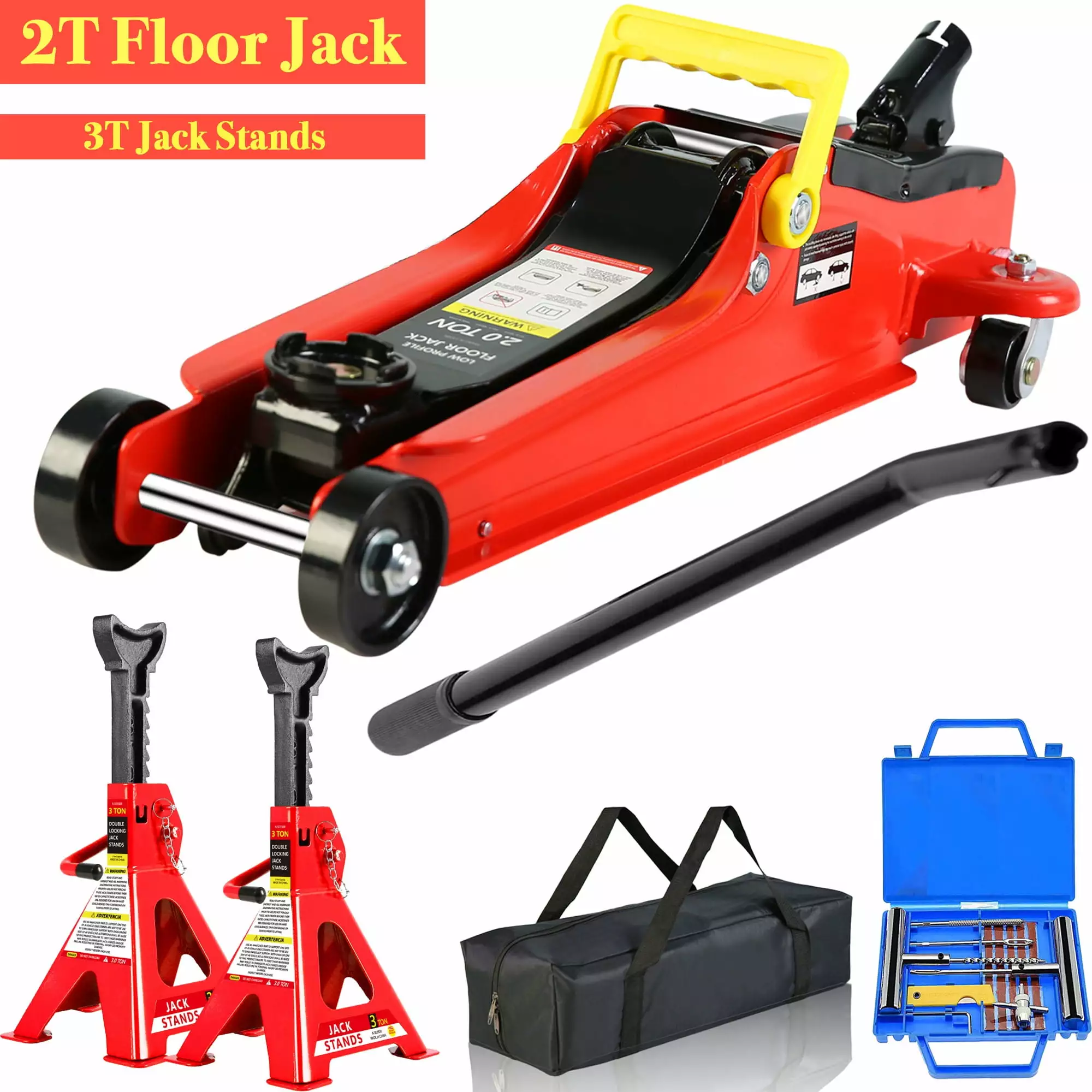 POWANLI 2 Ton Low Profile Floor Jack with 3T jack stand Tire Repair Kit Heavy Duty Steel Racing Floor Jack with Single Piston Quick Lift Pump. Floor Jack Lifting Range 3.3-15.2 Red