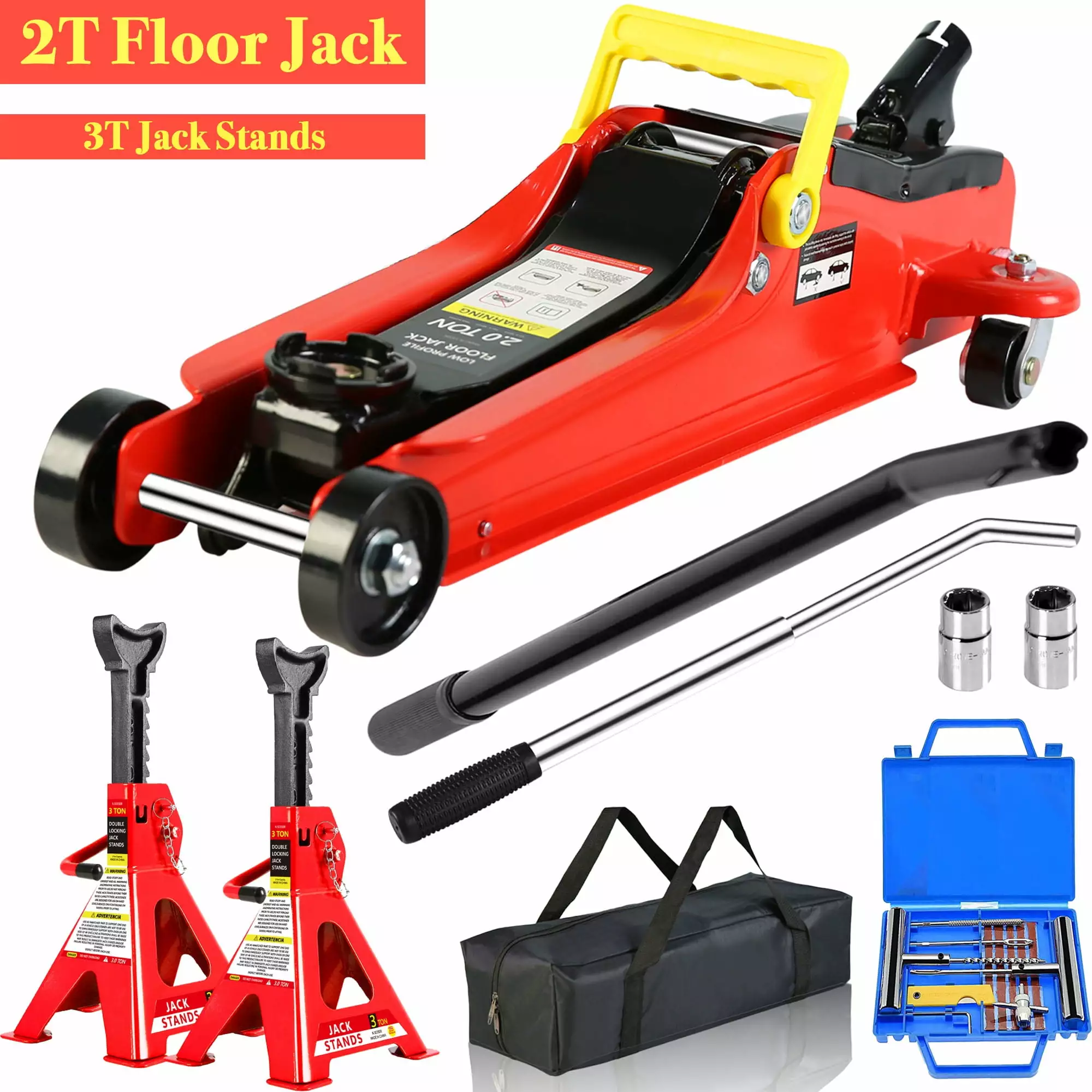 POWANLI 2 Ton Low Profile Floor Jack with 3T jack stand Tire Repair Kit L-Wrench Heavy Duty Steel Racing Floor Jack with Single Piston Quick Lift Pump. Floor Jack Lifting Range 3.3-15.2 Red