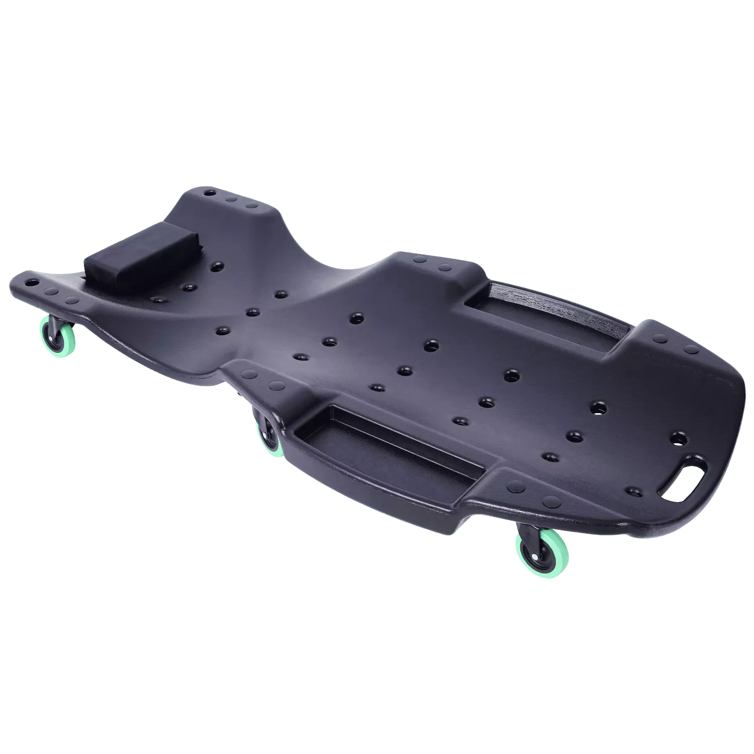 Ergonomic Black Plastic Creeper with Padded Headrest Dual Tool Trays and 440 Lbs Capacity - 48 Inch Blow Molded HDPE Body