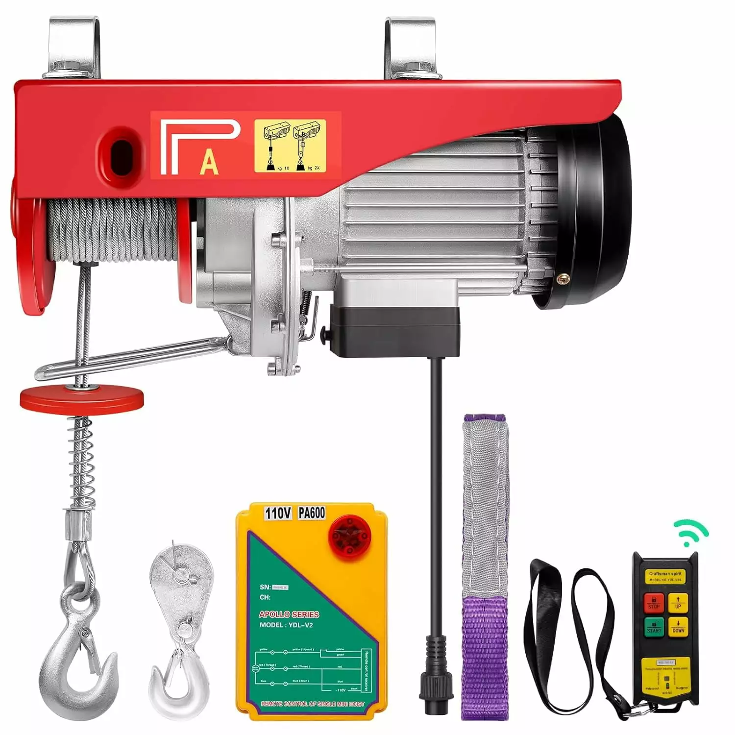 Powerful Electric Hoist with Wireless Remote Control - Strong Copper Motor. Double Heat Dissipation. and Limit Device for Garage. Ladder. and Crane - 110V