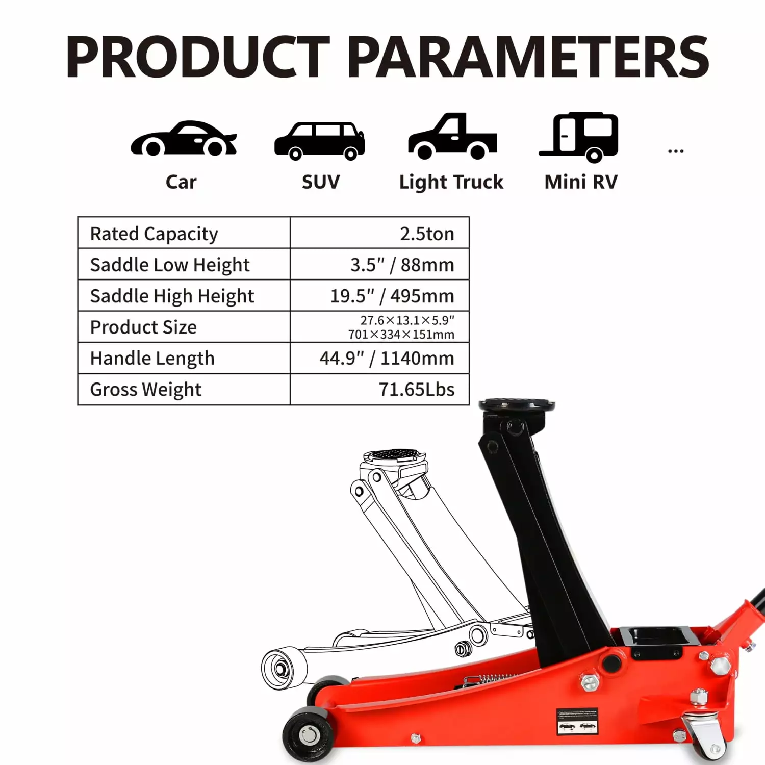 Powerful XNGGNG Low Profile Racing Floor Jack with Dual Pistons for Quick and Efficient Lifting - 2.5 Ton Steel Hydraulic Jack with a Lifting Range of 3.5 to 19.5 - Ideal for Race Cars and Sports V