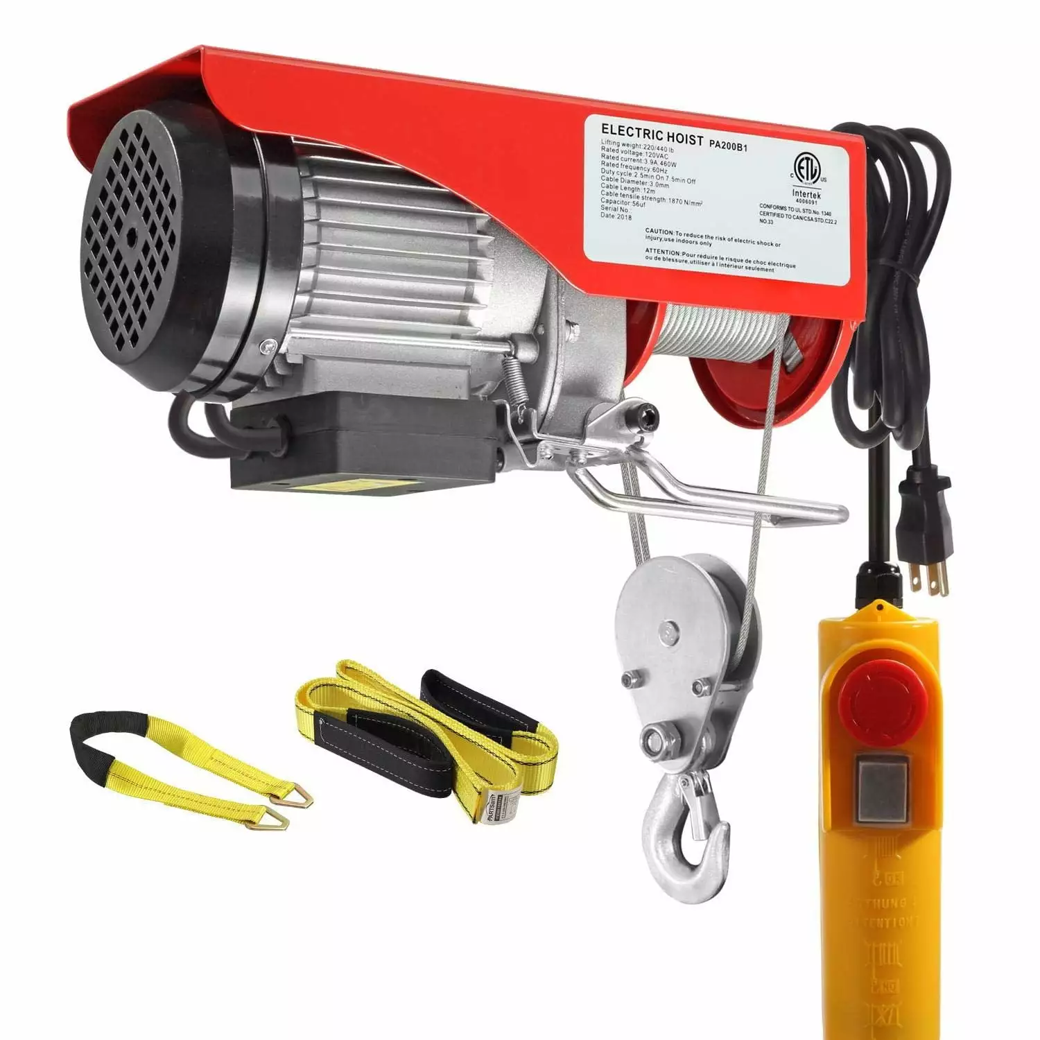 QIANGLING 440Lbs Lift Electric Hoist Crane Remote Control Power System. 110V Electric Hoist Zinc-Plated Steel Wire Overhead Crane Garage Ceiling Pulley Winch w/Straps (w/Emergency Stop Switch)