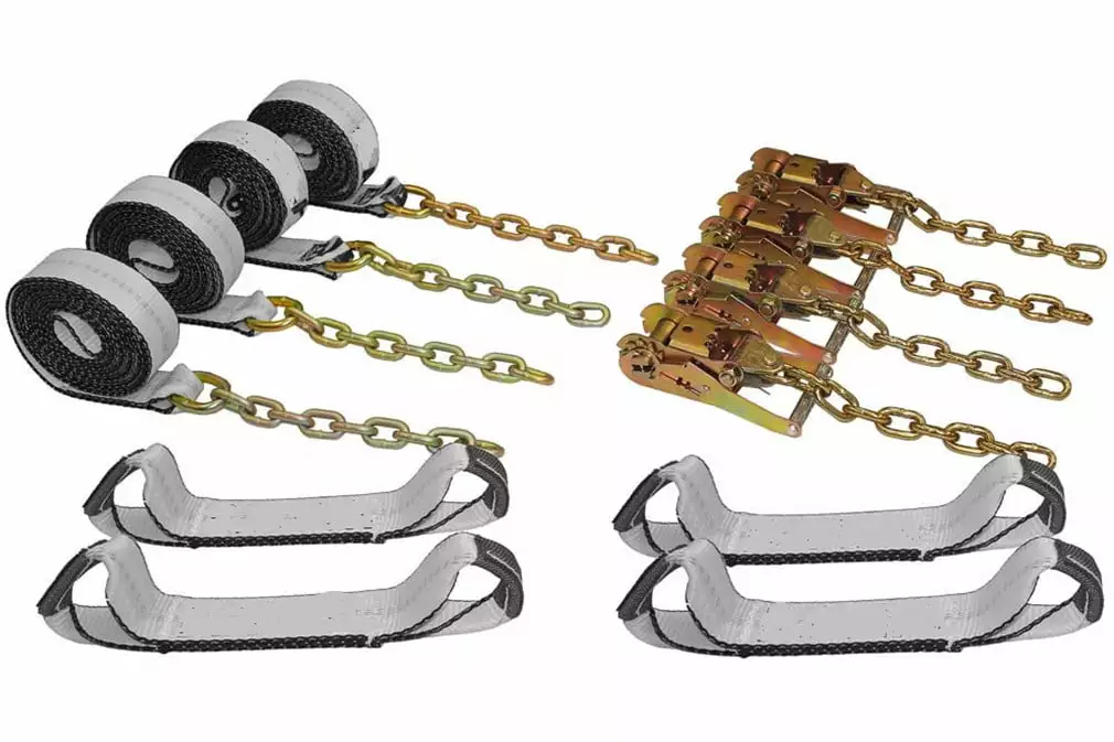 RBK1-18. 8 Point Tie Down Kit with Ratchets & Longer 18' Straps w/Chain Tails for Rollbacks. Tow Trucks. Flat Bed and More!