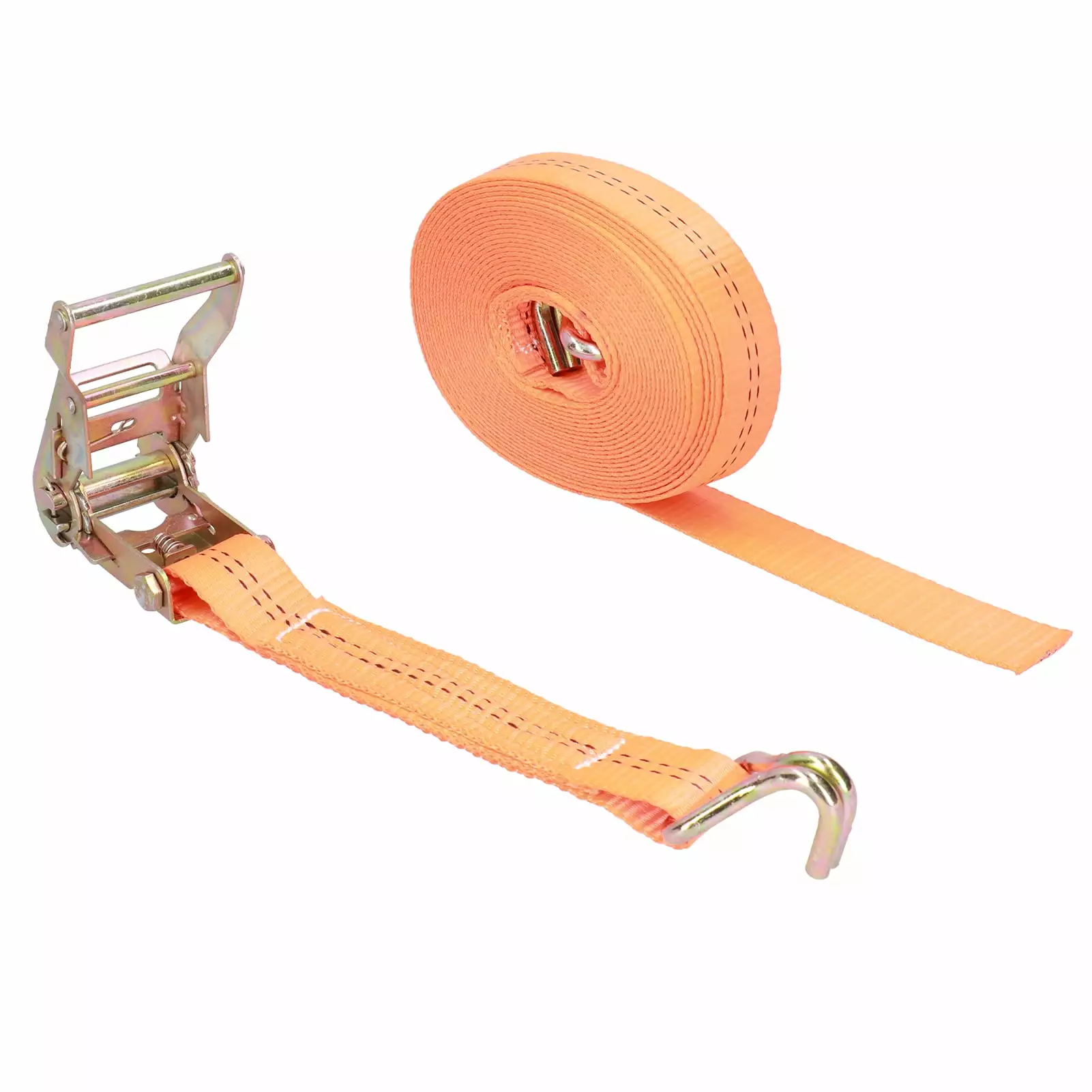 Ratchet Tie Down Strap 38mmx8m. Polyester with Hook. Orange. for Transportation. Moving. Shipment. Storage. Strong Bearing Capacity. Wear-Resistant. Durable. Metal Buckle. Flexible Pulling