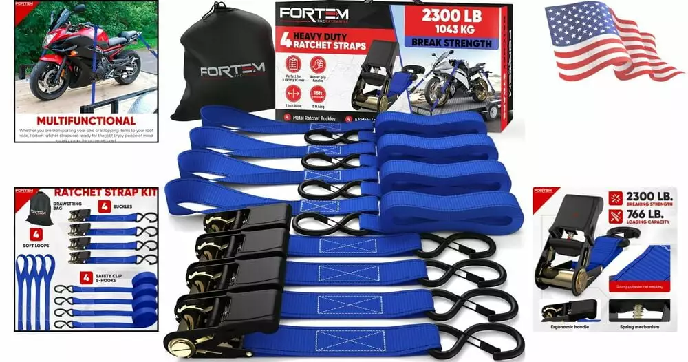 Reliable Motorcycle Tie Down Straps Set - Rubber-Coated Handles. Durable S-Hooks