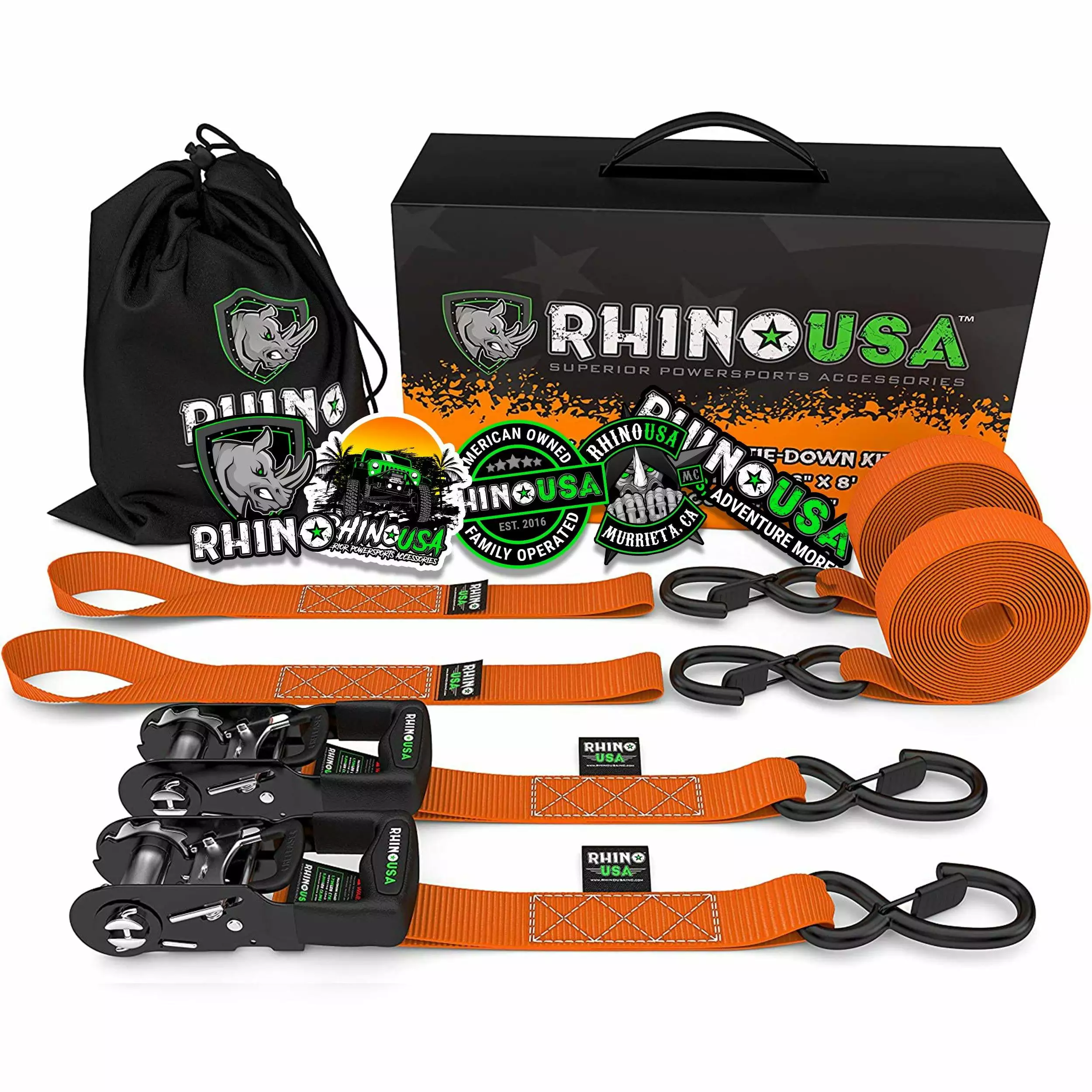 Rhino USA 1.6x 8' Heavy Duty Ratchet Tie-Down Set (2-Pack) - 5.208lbs Break Strength (3.5 in. 5 lb)