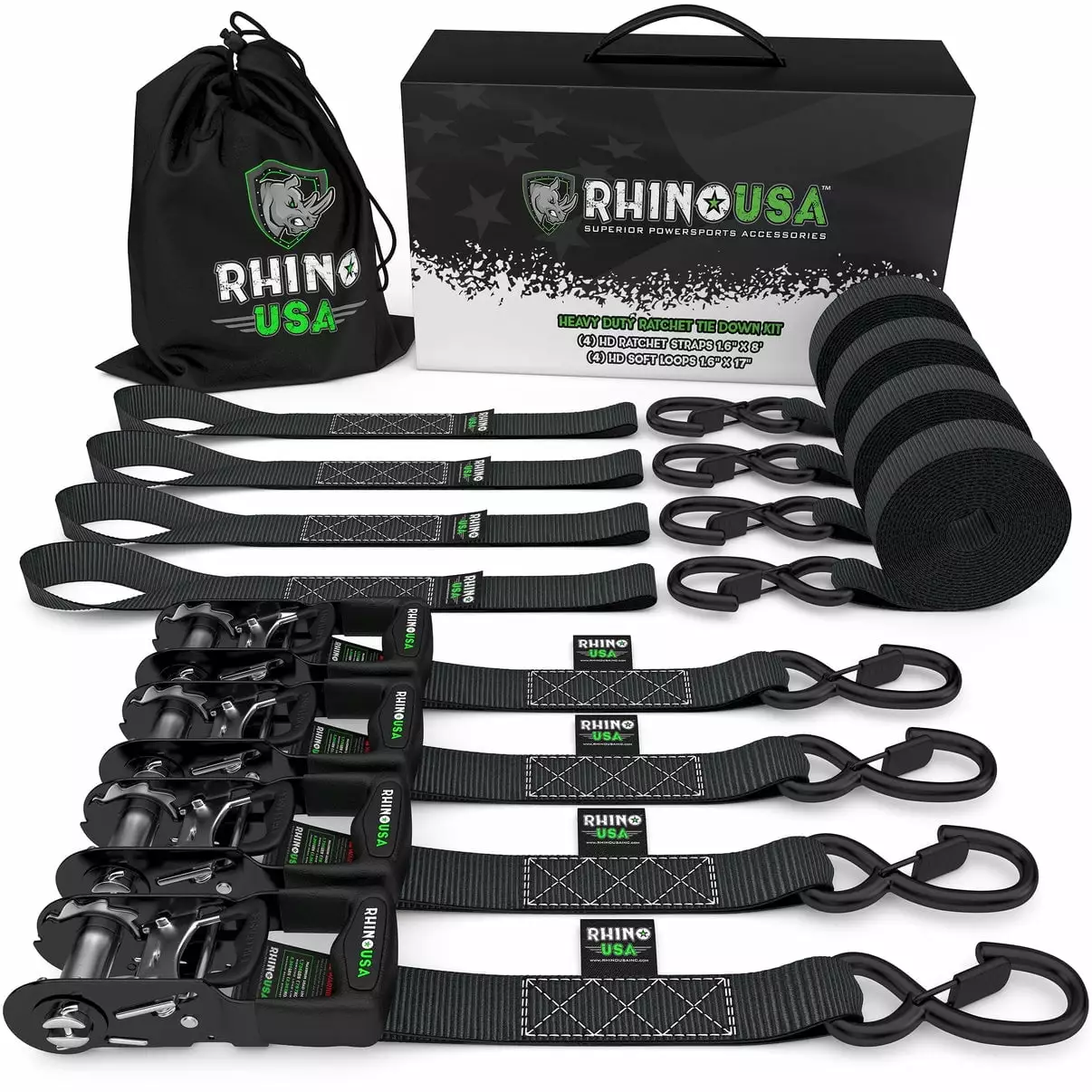 Rhino USA 1.6 x 8' HD Ratchet Tie-Down Set (4-Pack) - 5.208lbs Break Strength (5in H. 10 lb)