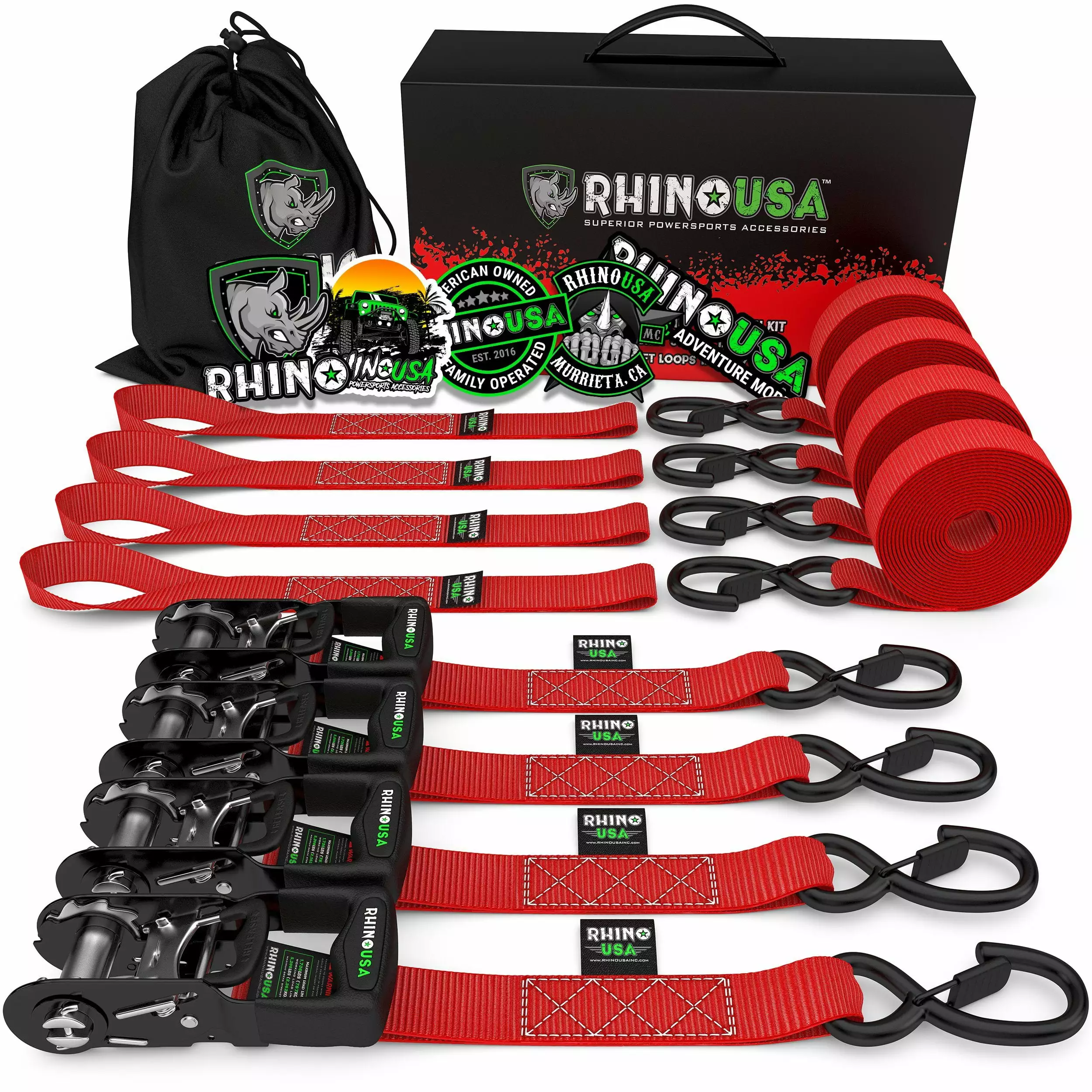 Rhino USA 1.6x 8' Heavy Duty Ratchet Tie-Down Set (4-Pack) - 5.208lbs Break Strength (5in H. 10 lb)