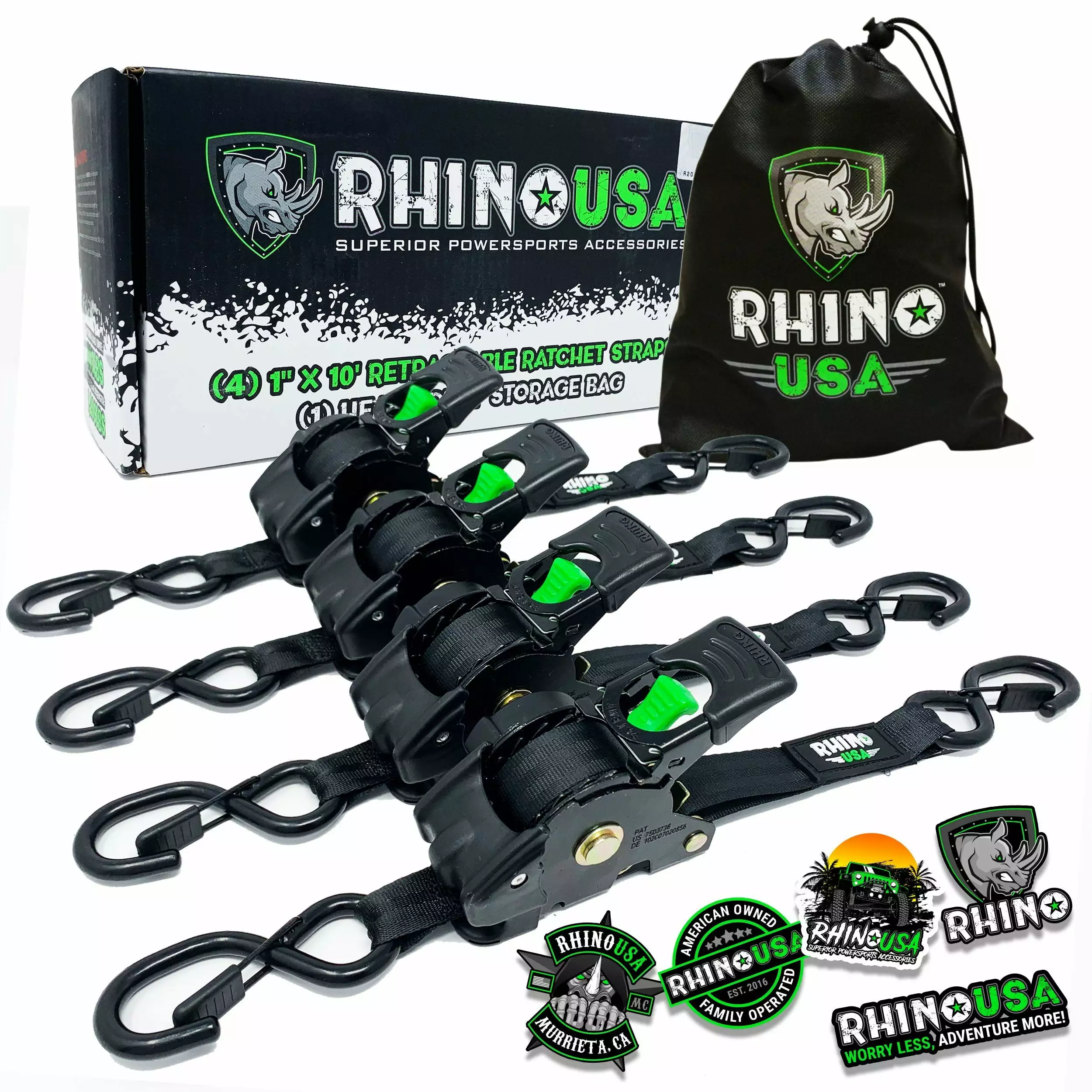 Rhino USA 1 x 10' Retractable Ratchet Straps (4-Pack) - 1.209lb Max Break Strength (7in H. 7 lb)