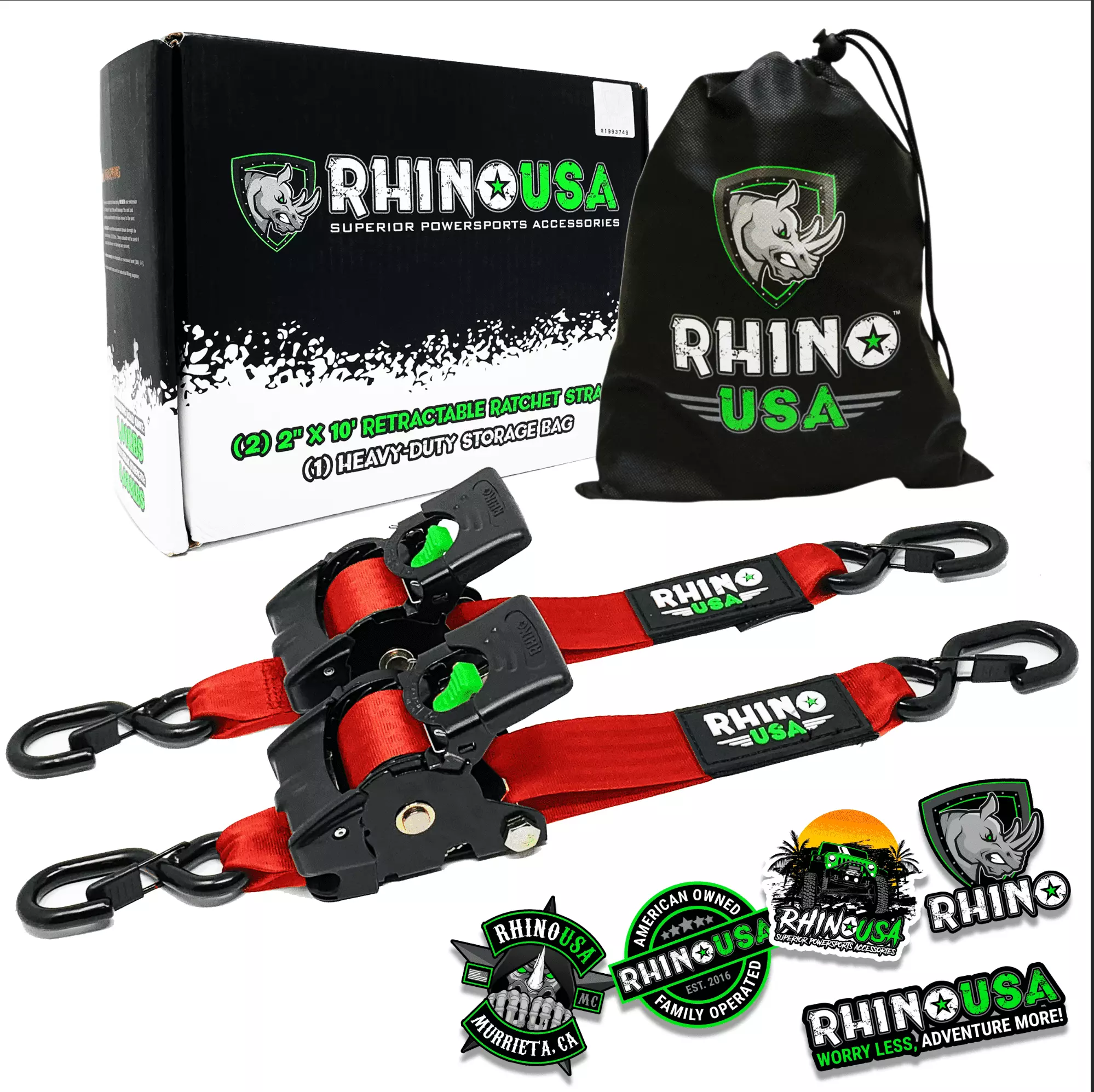 Rhino USA 2 x 10 Retractable Ratchet Autoretract Tie Down Straps (2PK) - 3.033lb Max Break Strength (Red)