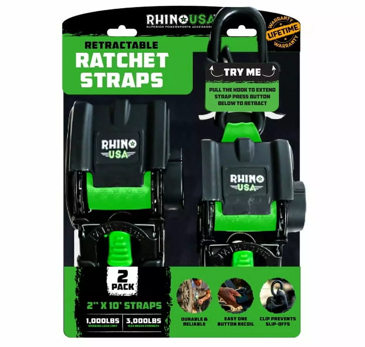 Rhino USA 2in x 10ft Retractable Ratchet Straps. 2 Pack. 1.000lbs Working Load Limit. 7.3lb Product Weight