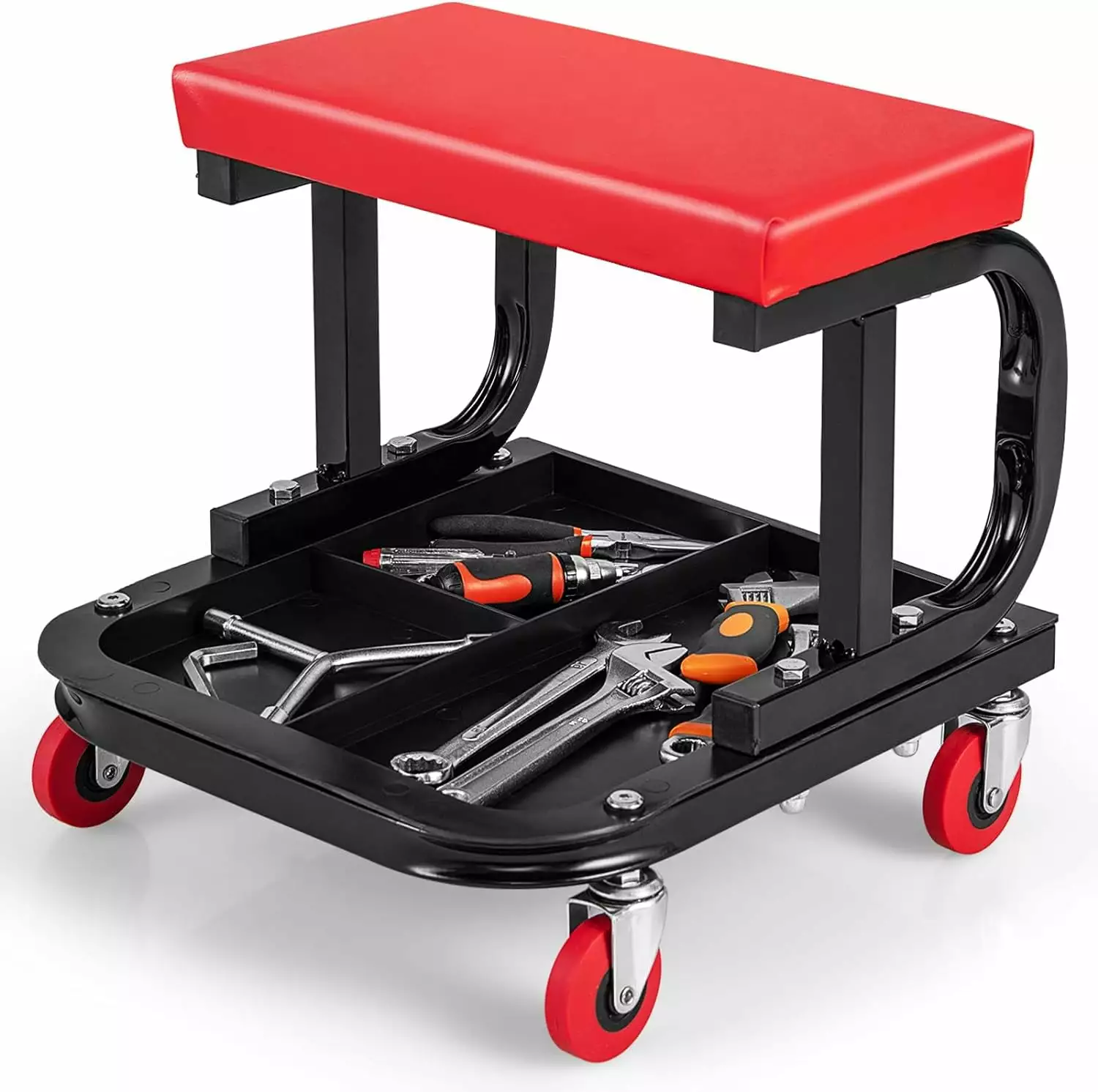 Rolling Creeper Seat. Garage Shop Stool on Wheels with Padded Seat & Tool Tray Storage. 330 LBS Capacity. Heavy Duty Mechanic Stool Chair Car Detailing Creeper for Workshop. Home