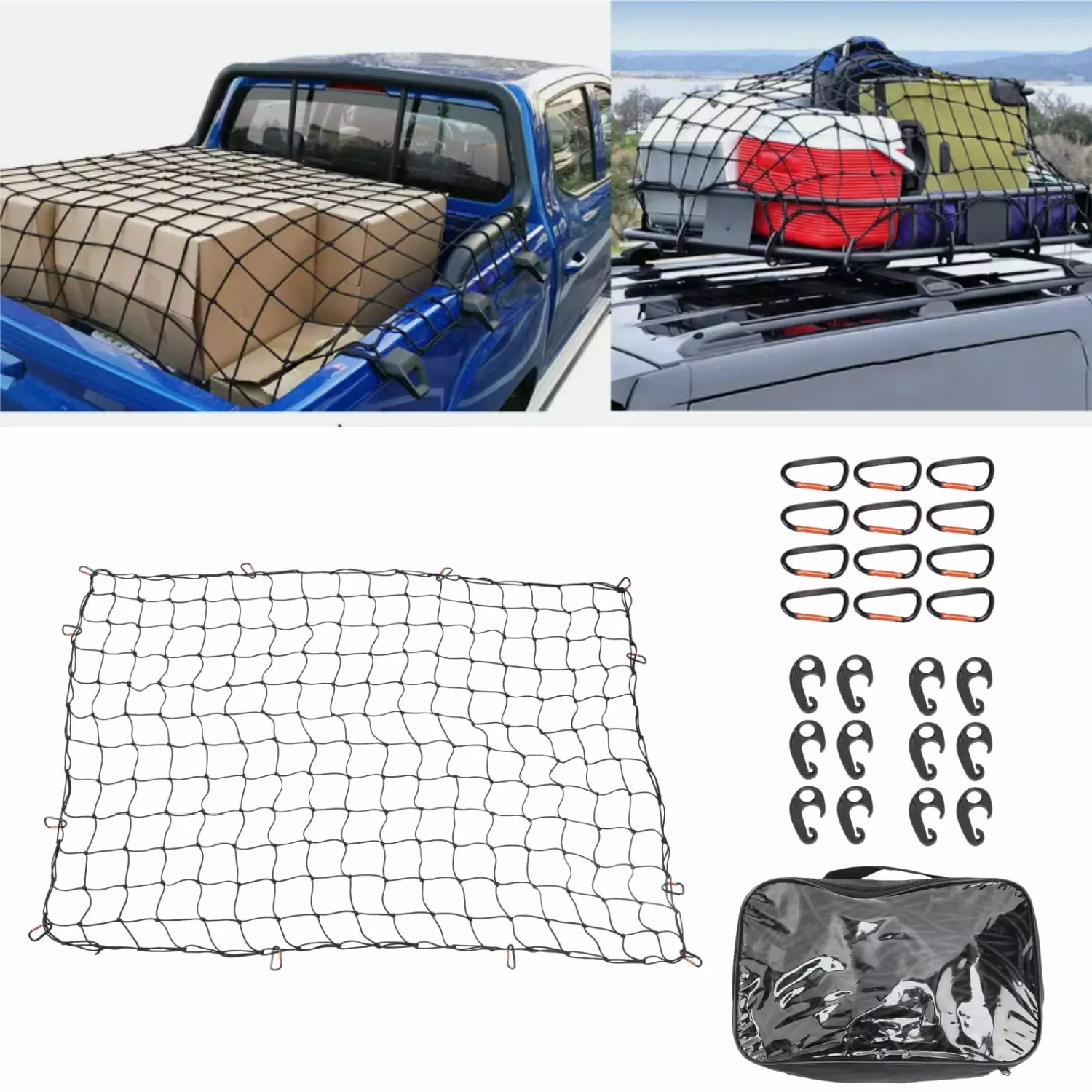 Roof Rack Cargo Net for Cars SUVs Pickup Truck with 12 Metal Carabiners + 12 Hooks Holds Loads Tighter